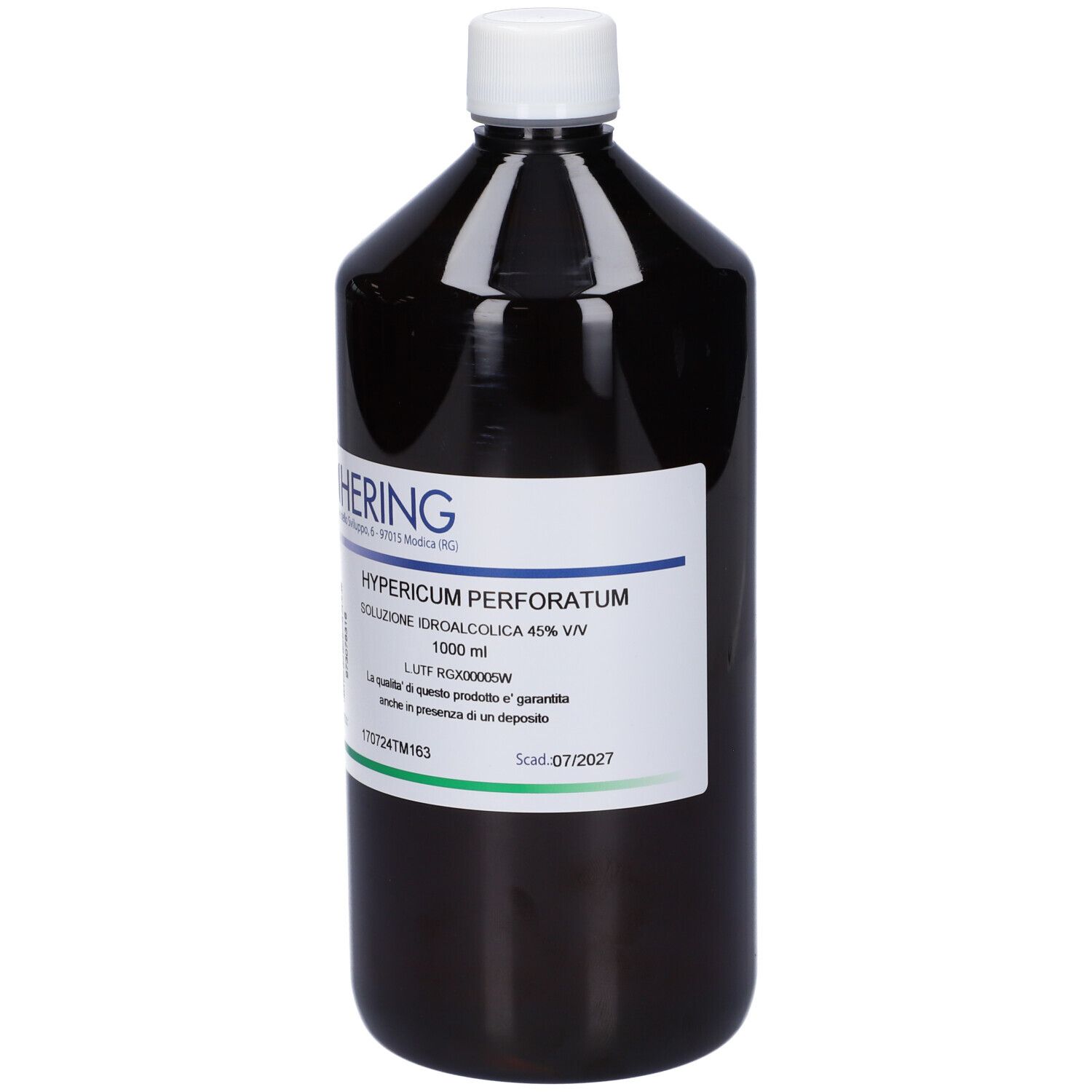 Flacone marrone con tappo bianco. Etichetta con informazioni sul prodotto: HERING Hiperycum Perforatum. 1000 ml.