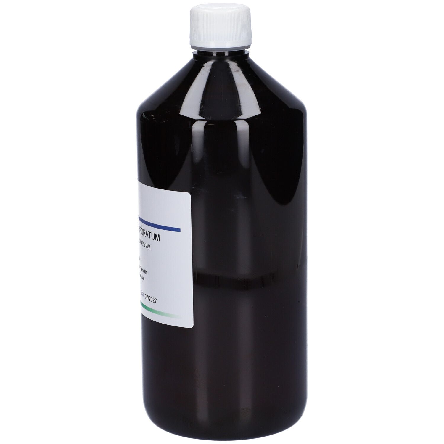 Flacone marrone con tappo bianco. Etichetta con informazioni sul prodotto: HERING Hiperycum Perforatum. 1000 ml.