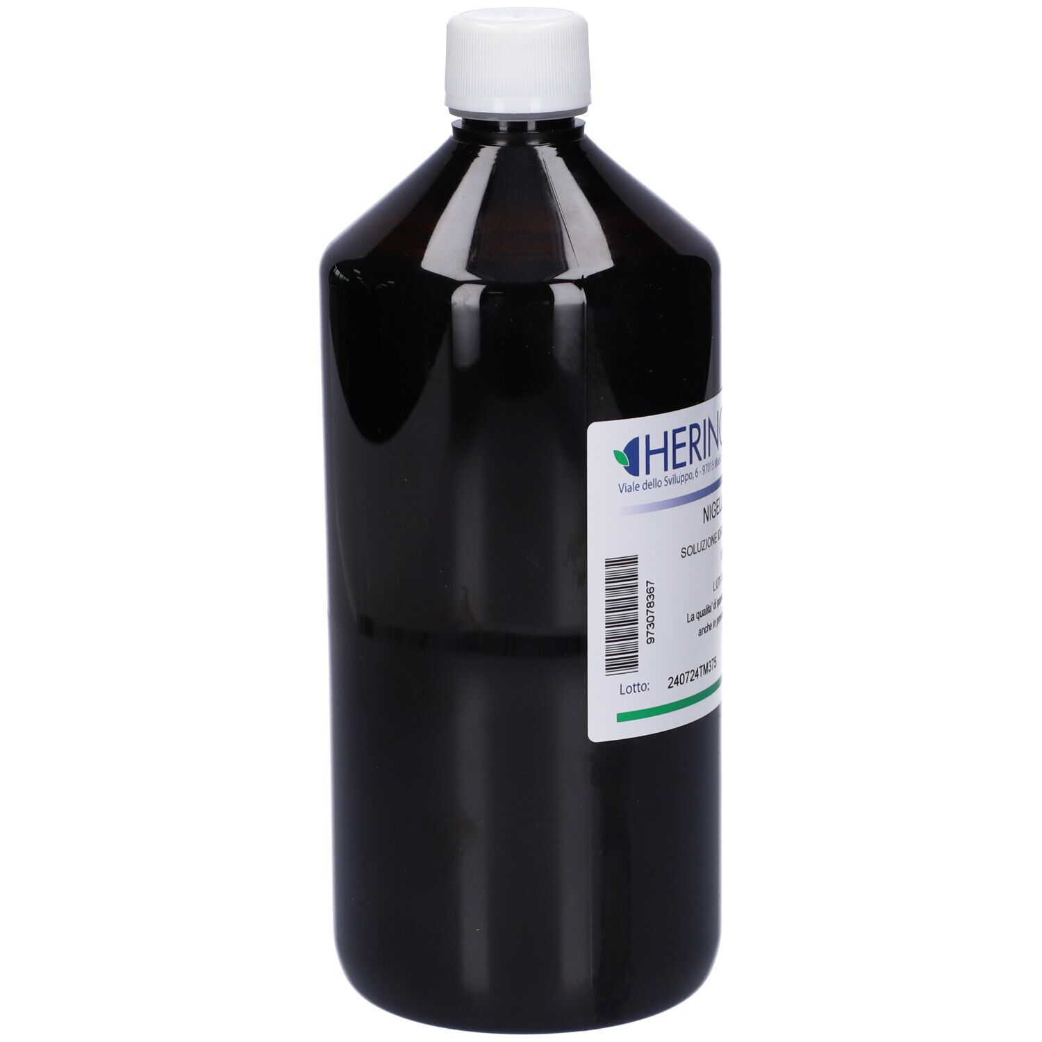Flacone marrone con tappo bianco. Etichetta con informazioni sul prodotto. Marchio HERING.