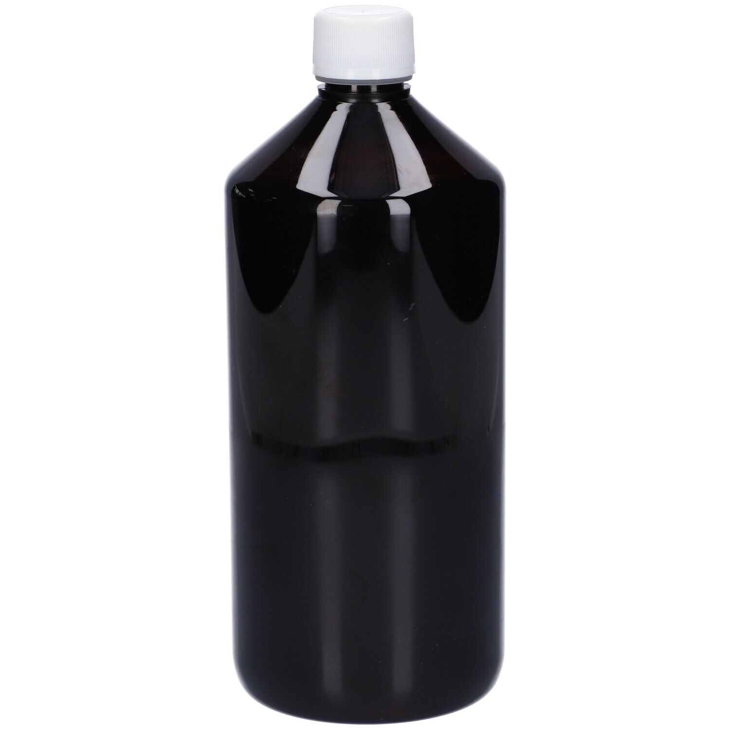 Flacone marrone con tappo bianco. Nessuna etichetta visibile.