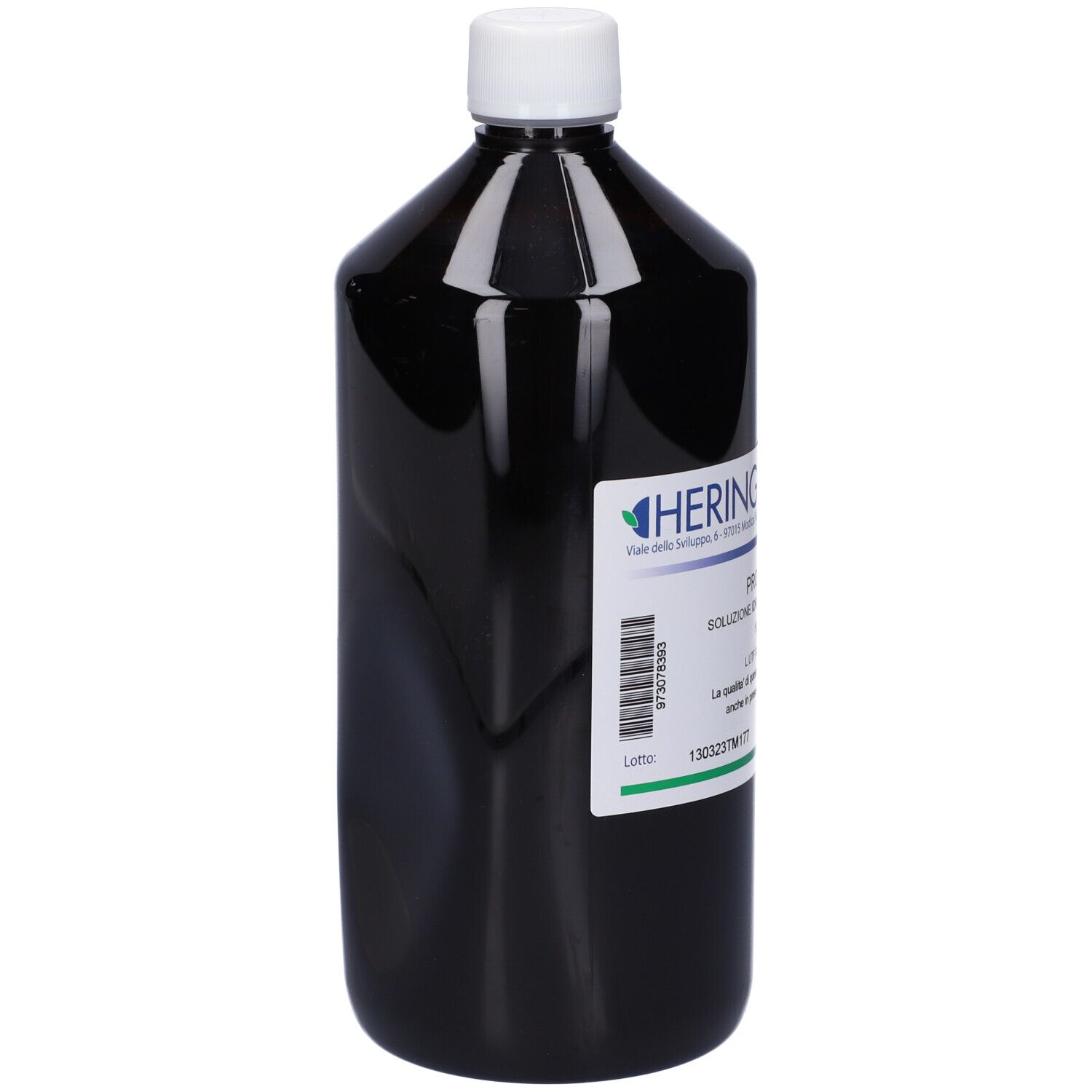 Flacone marrone con tappo bianco. Etichetta con HERING e testo. Flacone con contenuto nero.