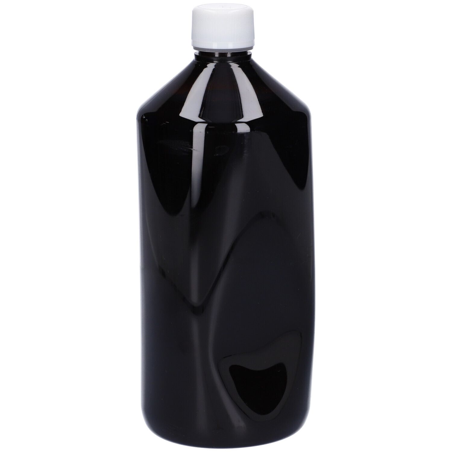 Flacone marrone con tappo bianco. Flacone con contenuto nero. Nessuna etichetta visibile.