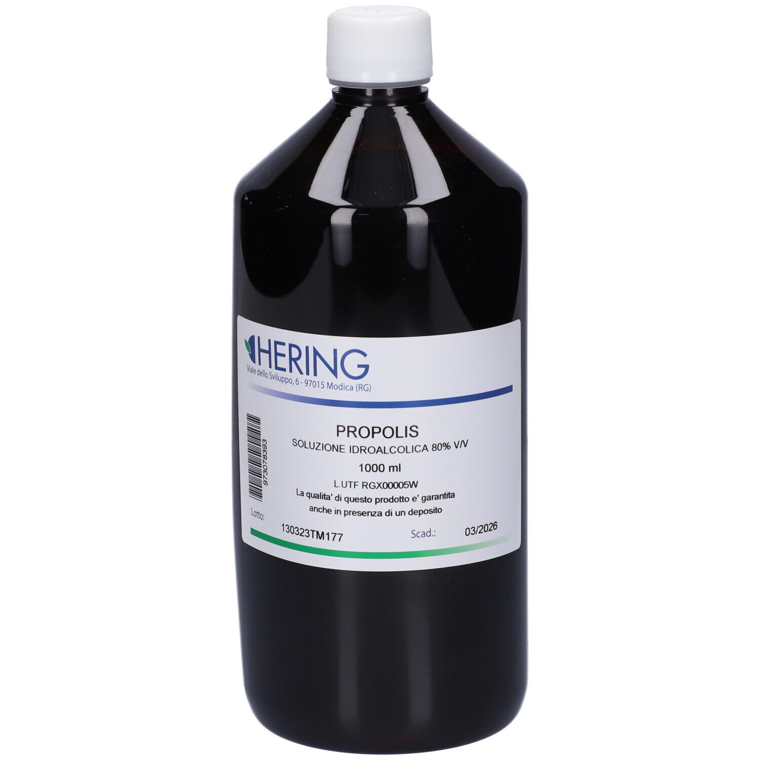 Flacone marrone con tappo bianco ed etichetta. L'etichetta indica HERING e PROPOLIS. 1000 ml.