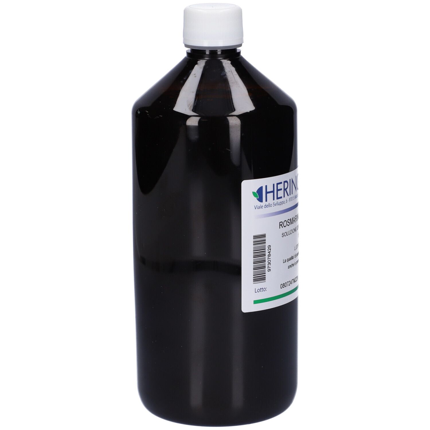 Flacone di vetro marrone con tappo bianco ed etichetta. Scritta: HERING, Rosmarinus Officinalis.