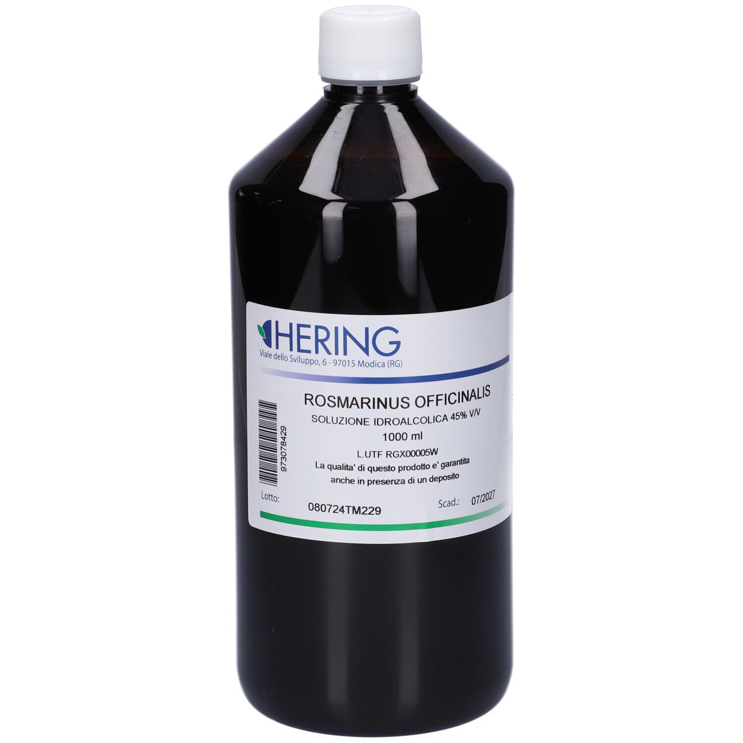 Flacone di vetro marrone con tappo bianco ed etichetta. Scritta: HERING, Rosmarinus Officinalis, 1000 ml.