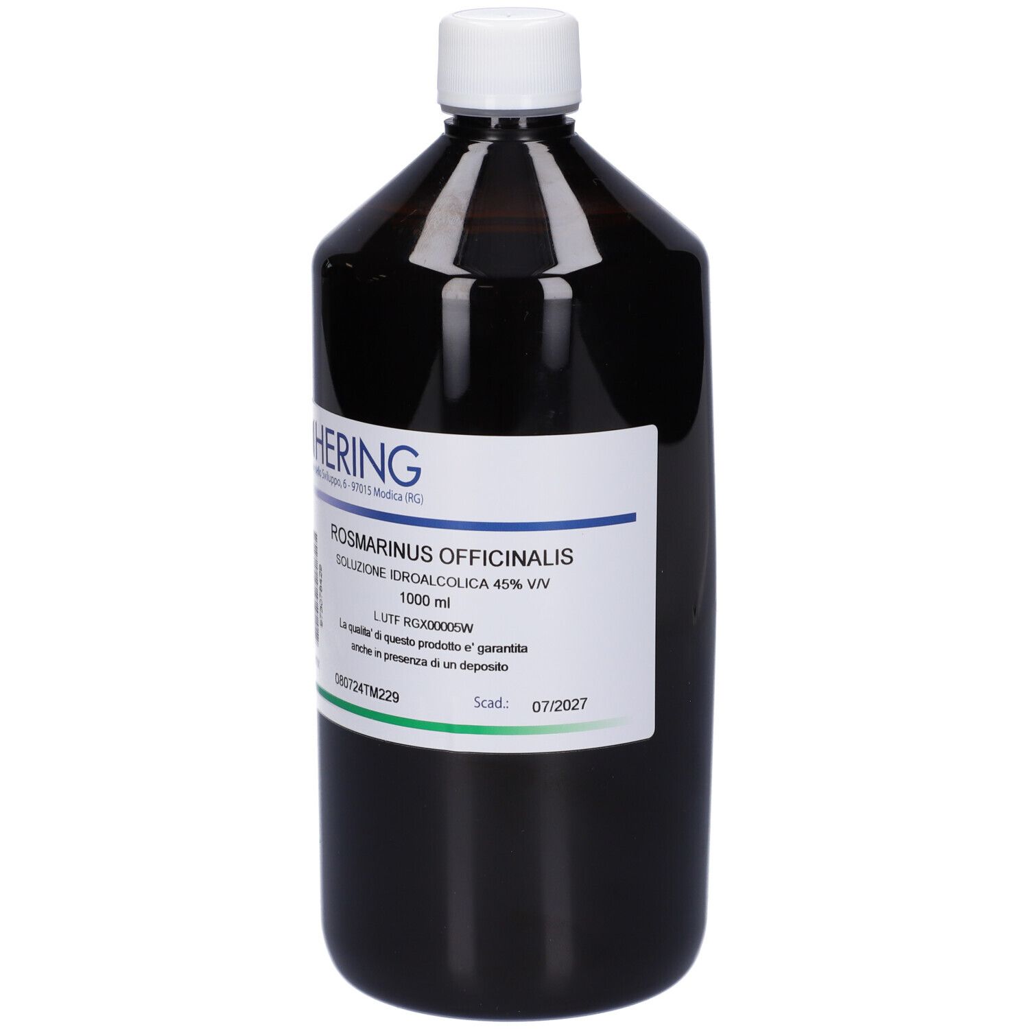 Flacone di vetro marrone con tappo bianco ed etichetta. Scritta: HERING, Rosmarinus Officinalis, 1000 ml.