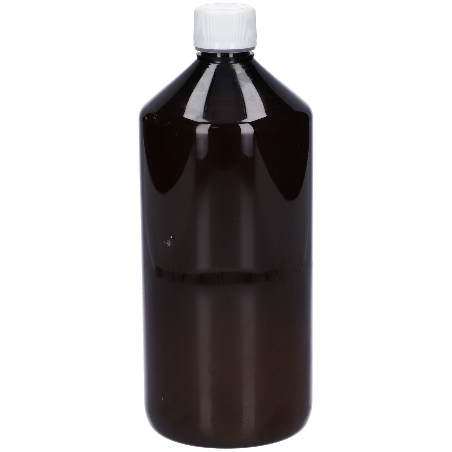 Flacone marrone con tappo bianco. Nessun altro dettaglio visibile sull'etichetta.