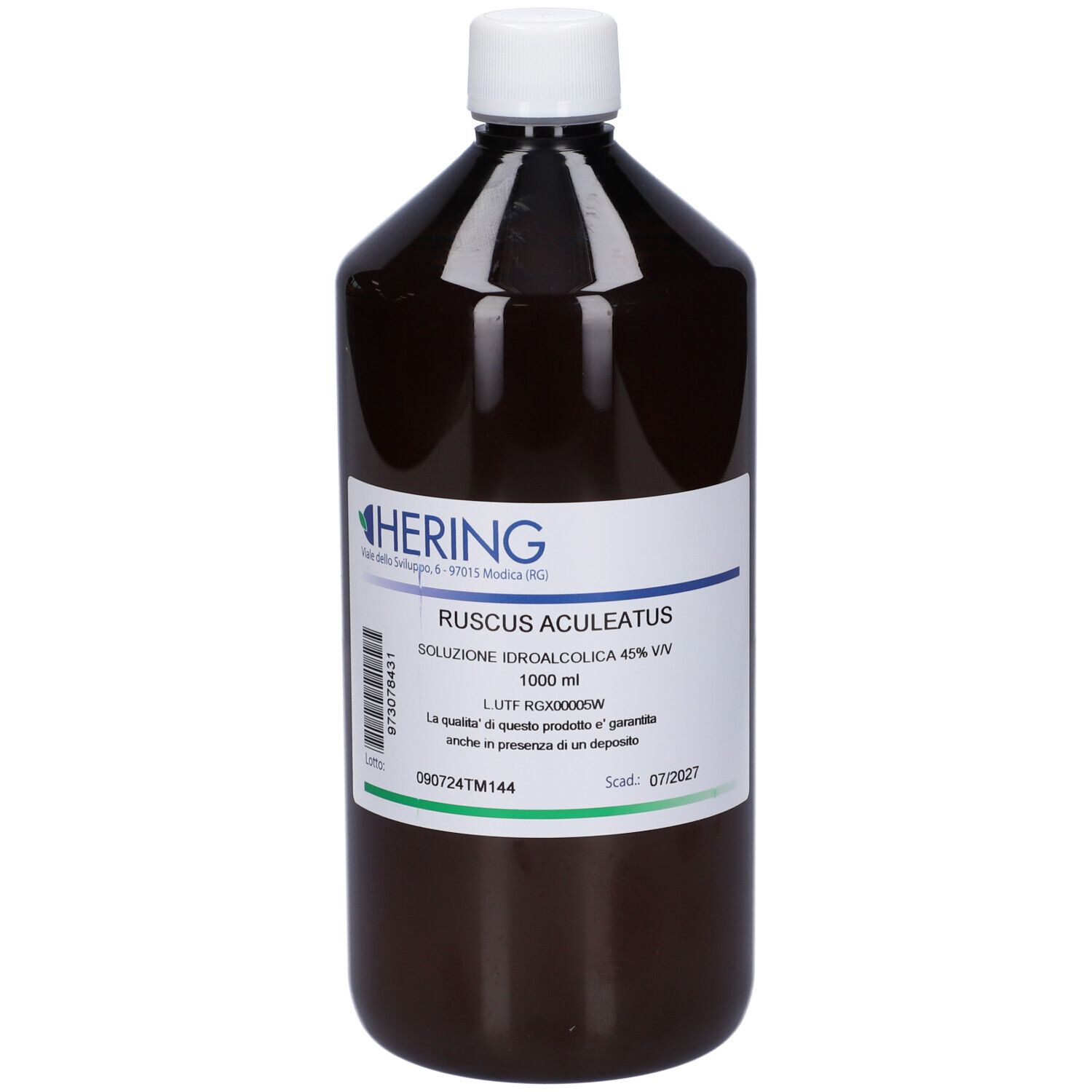 Flacone marrone con tappo bianco ed etichetta. L'etichetta indica HERING e Ruscus Aculeatus.