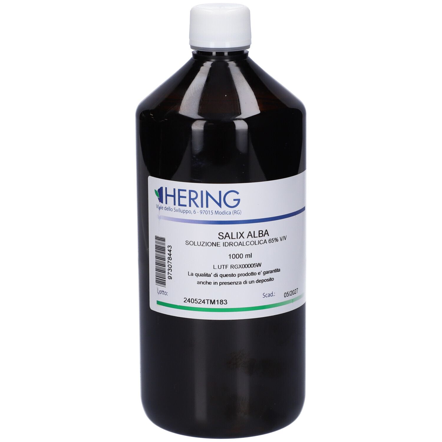 Flacone marrone con tappo bianco. Etichetta con testo e logo. HERING Salix Alba.