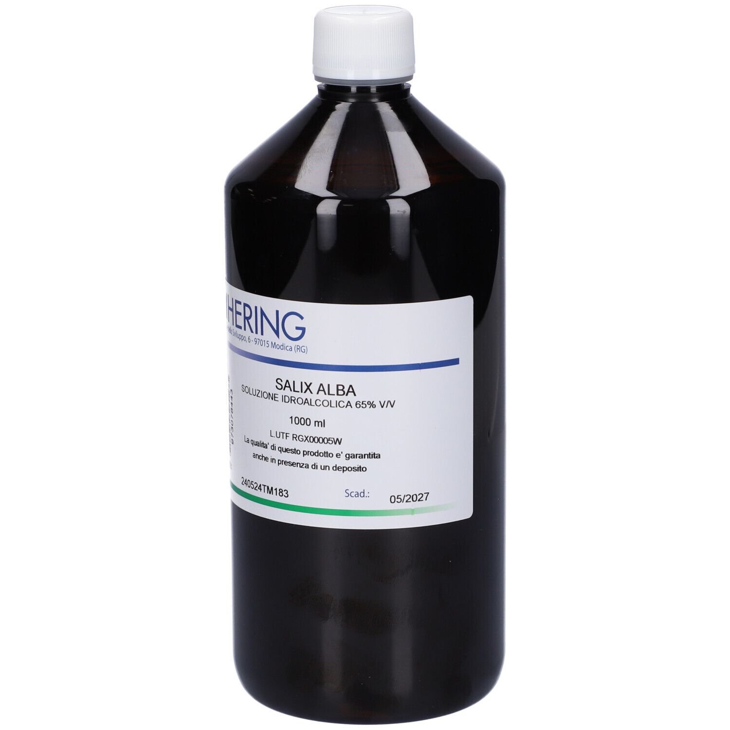 Flacone marrone con tappo bianco. Etichetta con testo e logo. HERING Salix Alba.
