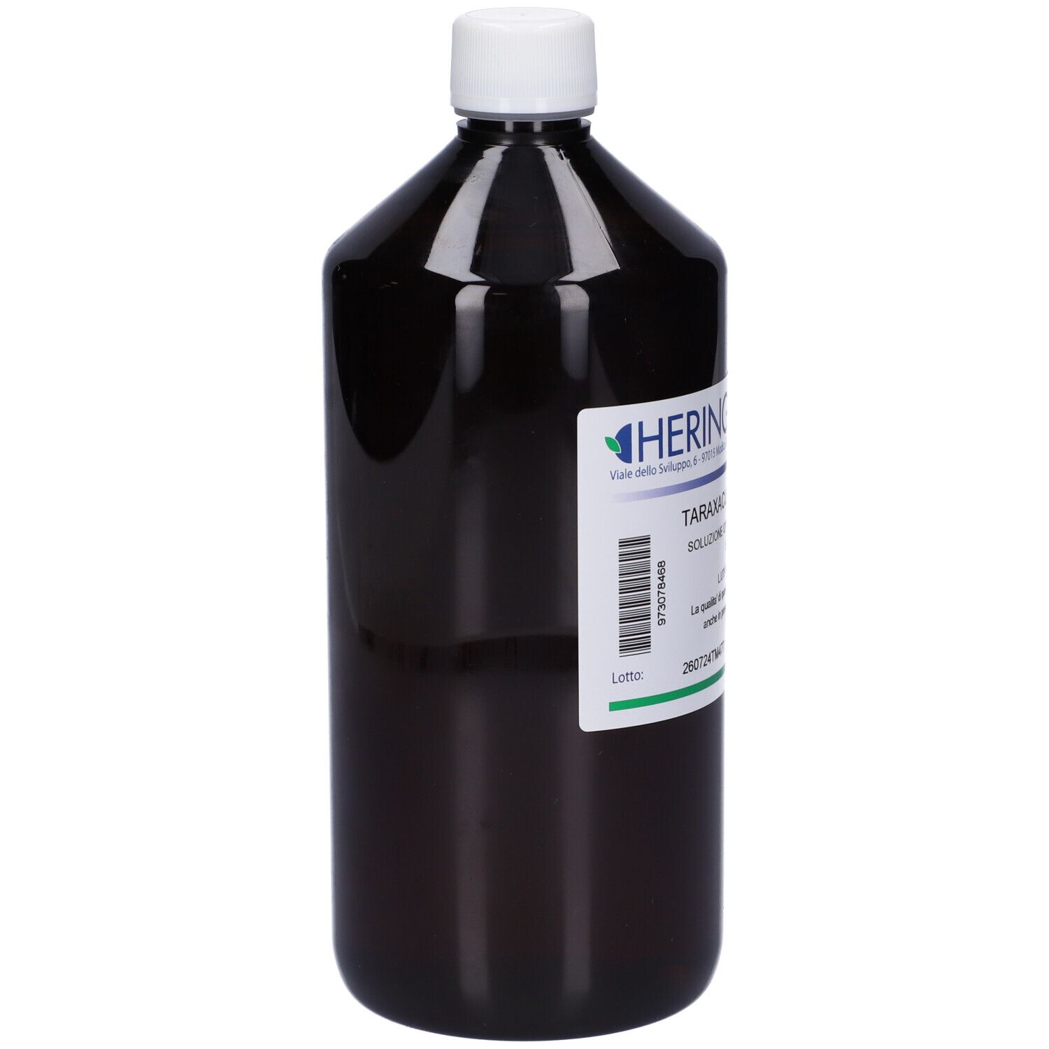 Flacone marrone con tappo bianco ed etichetta. Scritta: HERING, Taraxacum Officinalis, soluzione. 1000 ml.