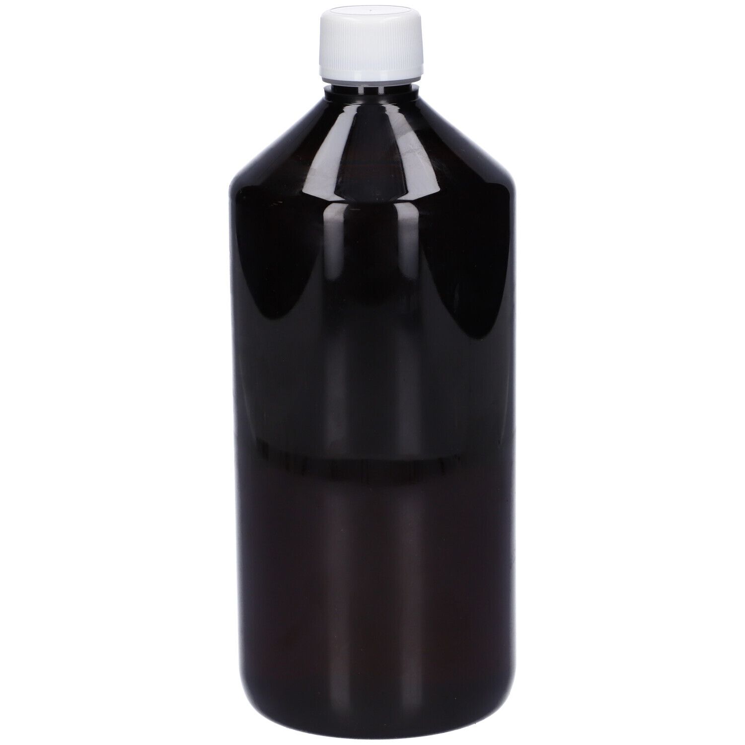 Flacone marrone con tappo bianco. Nessuna scritta visibile.