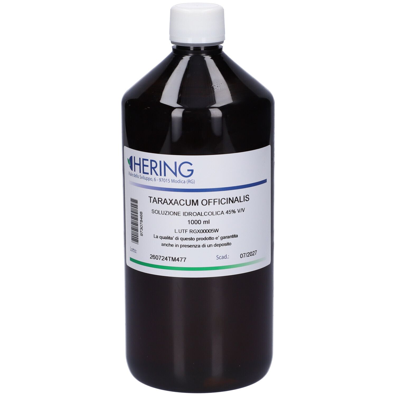 Flacone marrone con tappo bianco ed etichetta. Scritta: HERING, Taraxacum Officinalis, soluzione. 1000 ml.