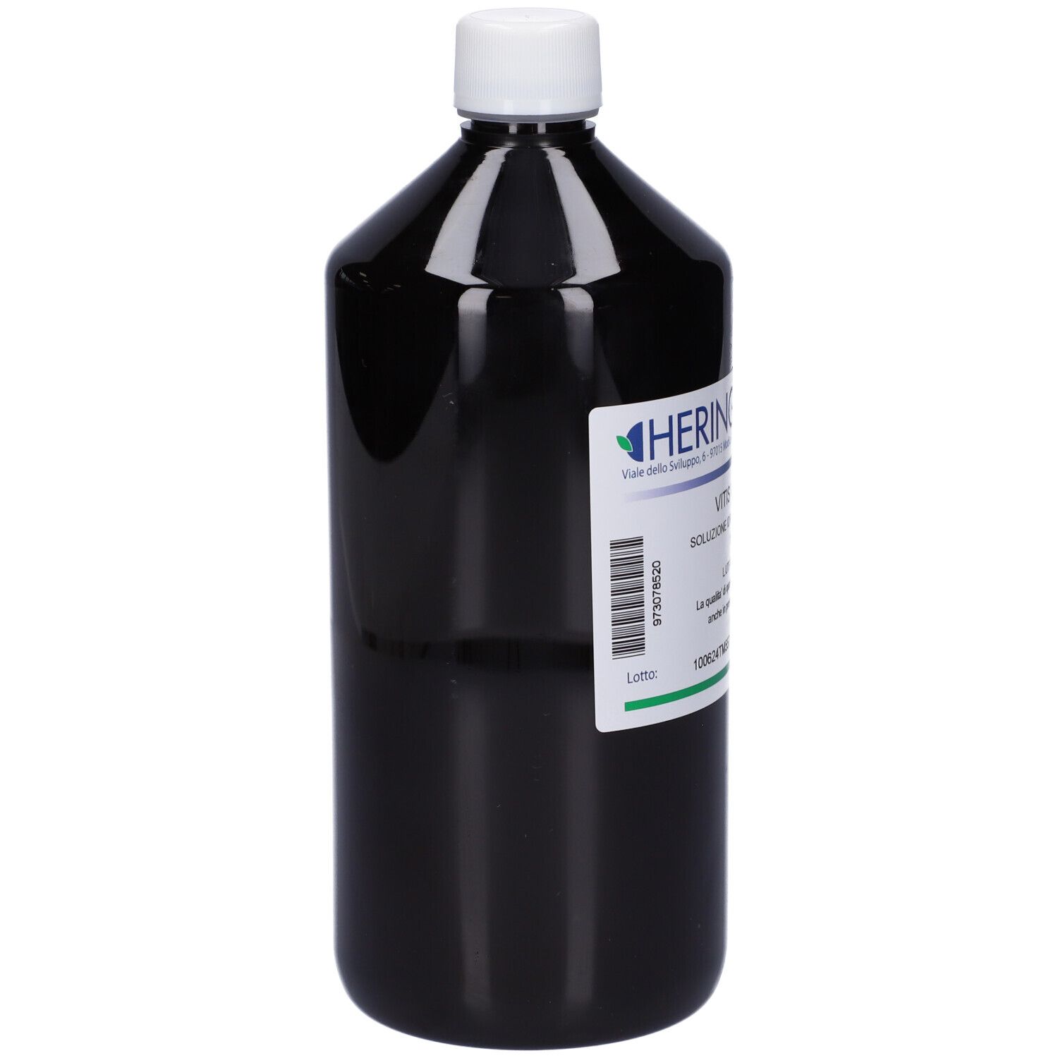 Flacone marrone scuro con tappo bianco. Nessun altro dettaglio visibile.