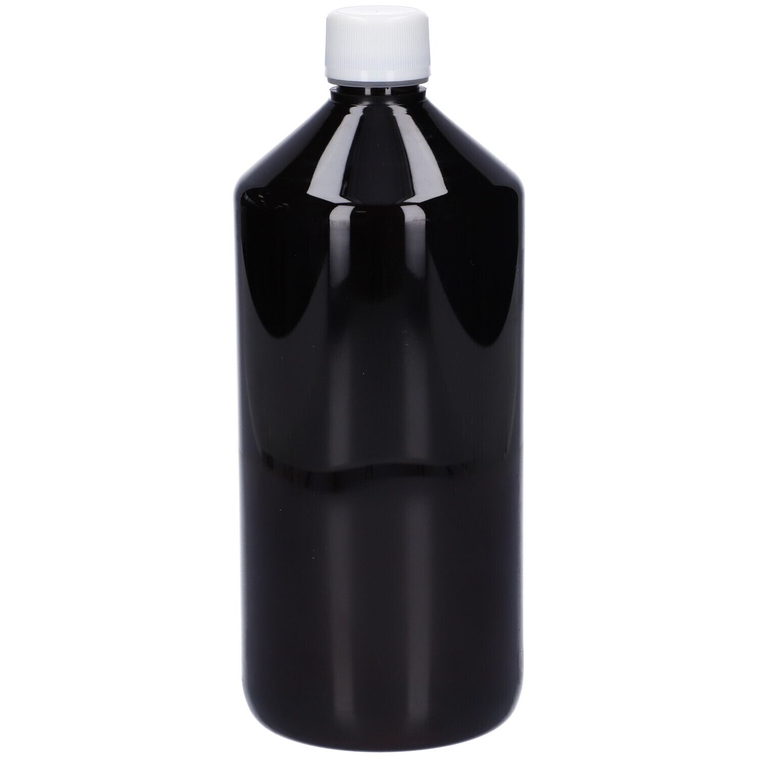 Flacone marrone scuro con tappo bianco. Nessun altro dettaglio visibile.