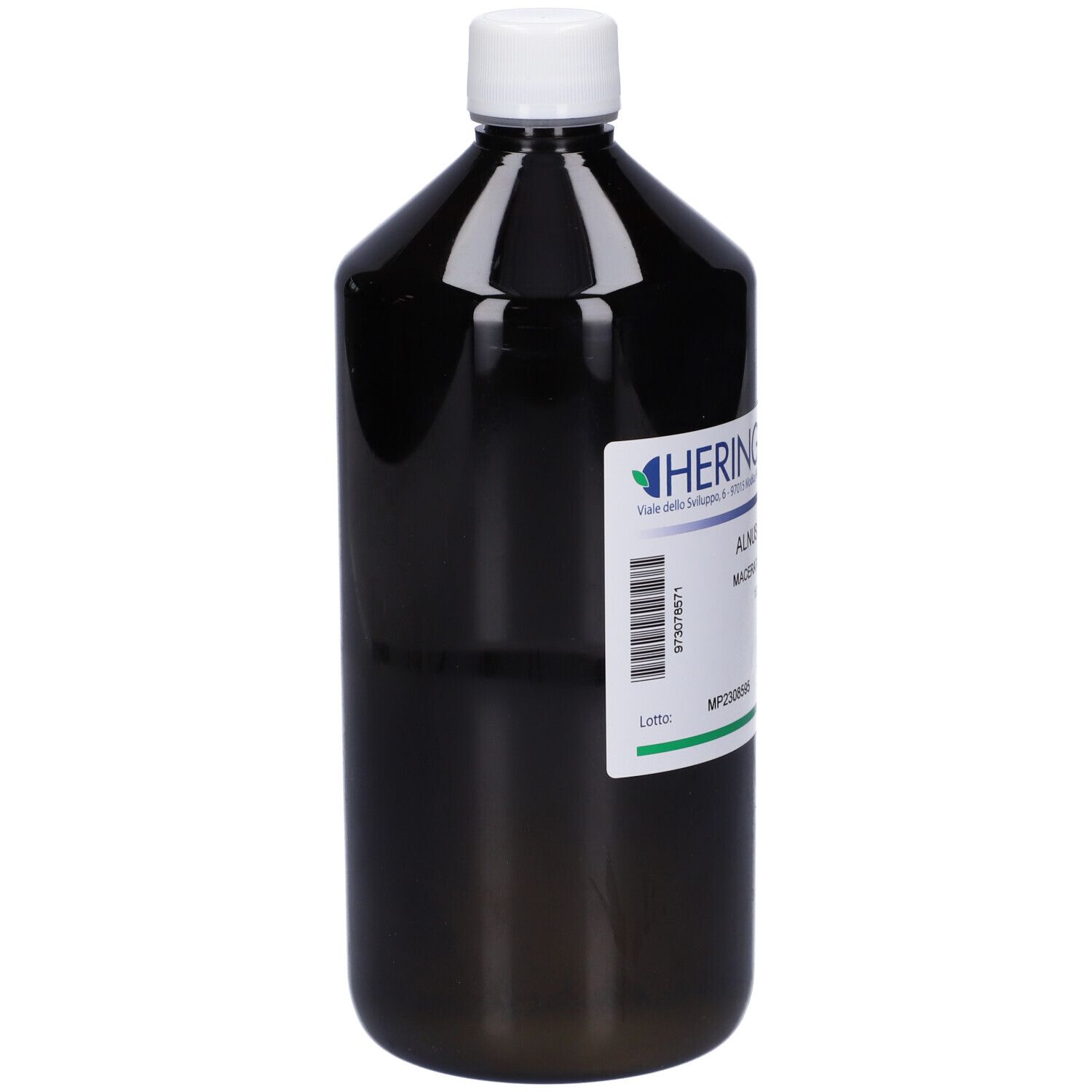 Flacone scuro con tappo bianco ed etichetta. Scritta: HERING, ALNUS INCANA Macerato Glicerico, 1000 ml.