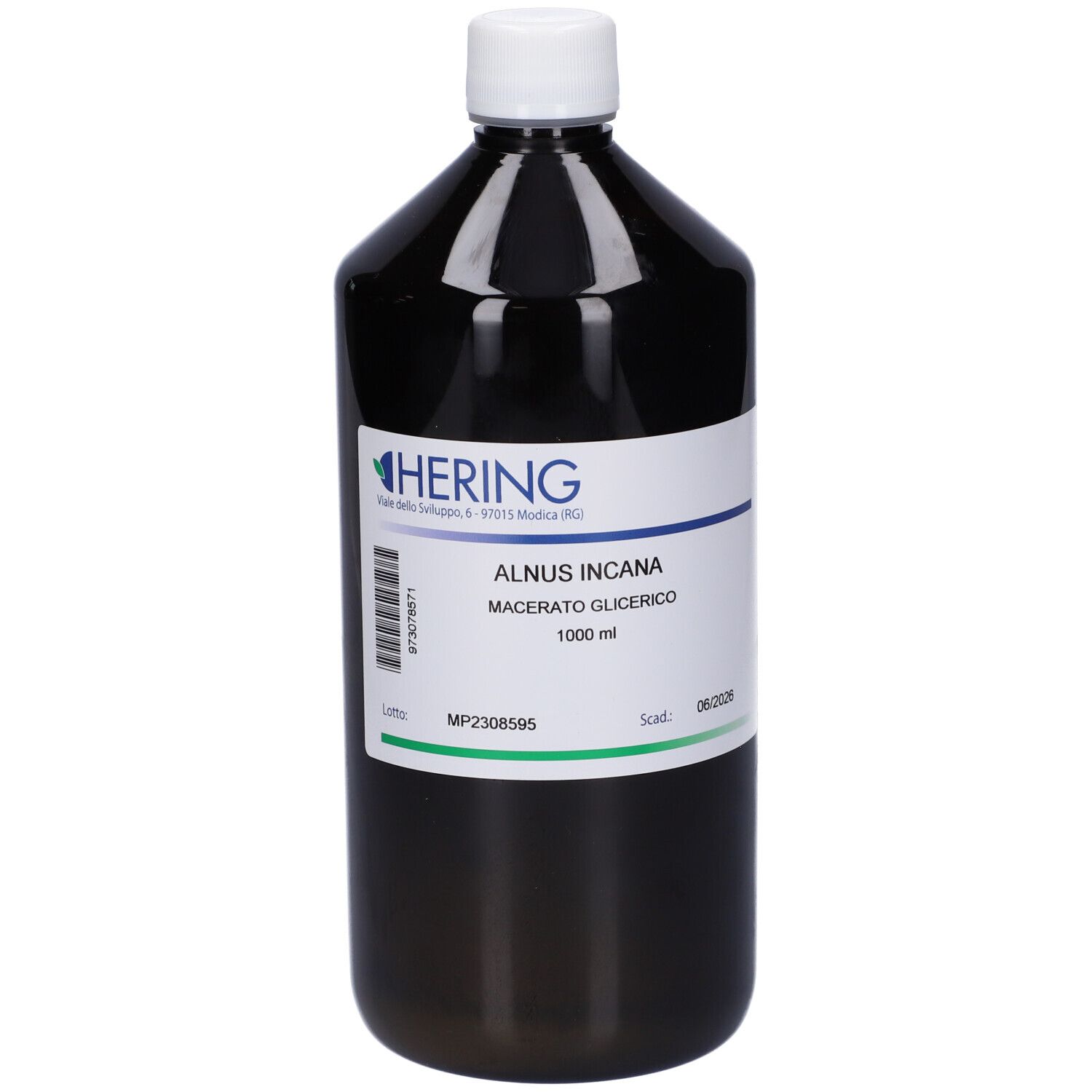 Flacone scuro con tappo bianco ed etichetta. Scritta: HERING, ALNUS INCANA Macerato Glicerico, 1000 ml.