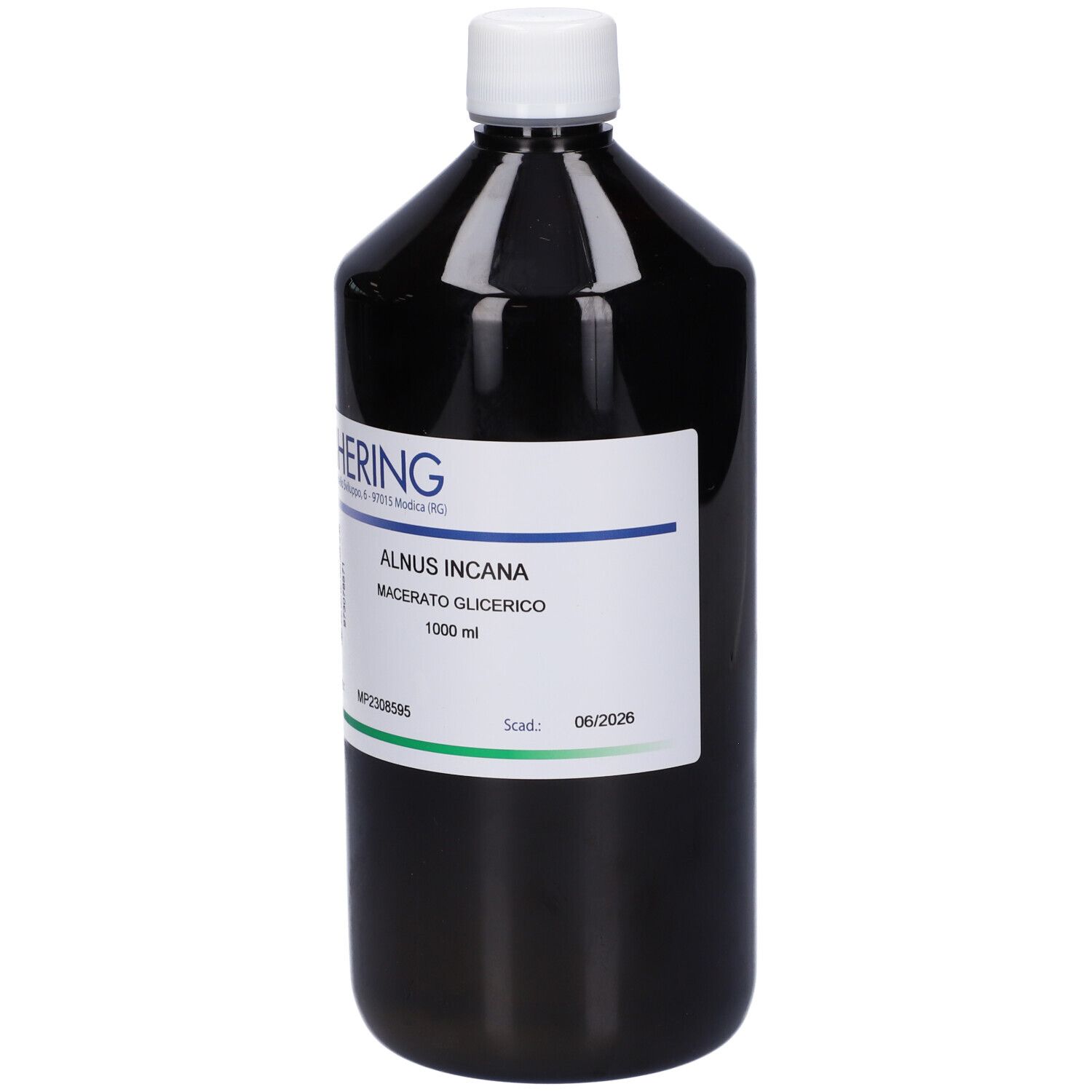 Flacone scuro con tappo bianco ed etichetta. Scritta: HERING, ALNUS INCANA Macerato Glicerico, 1000 ml.