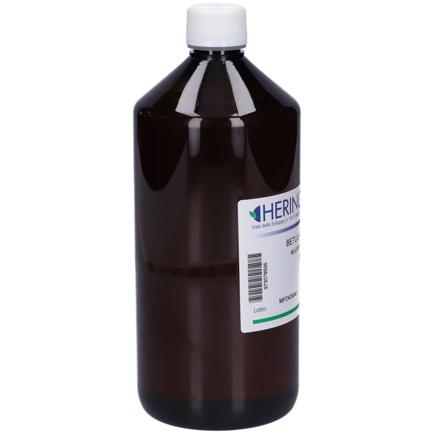 Flacone marrone con tappo bianco. L'etichetta indica HERING, Betula Pubescens Macerato Glicerico e 1000 ml.