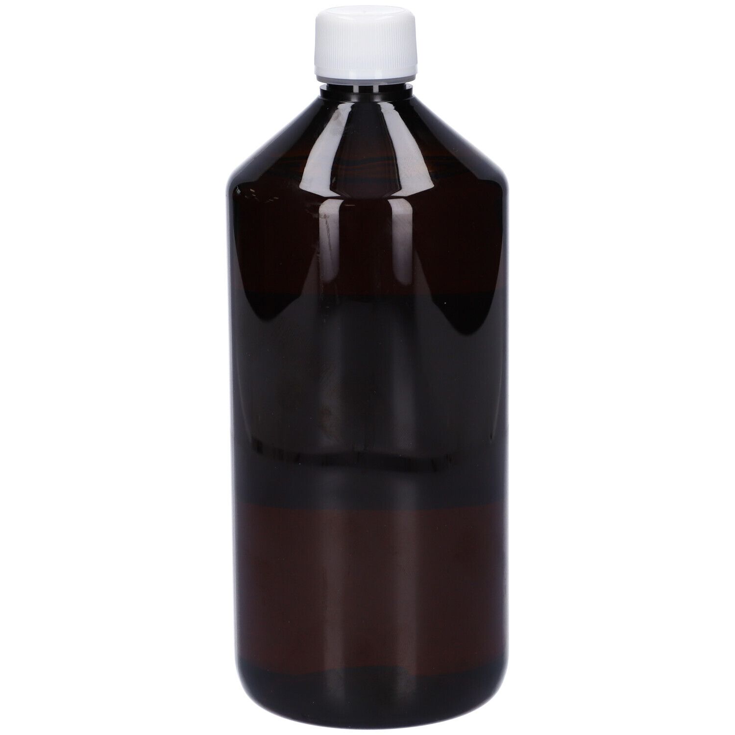 Flacone marrone con tappo bianco. Nessuna etichetta visibile.