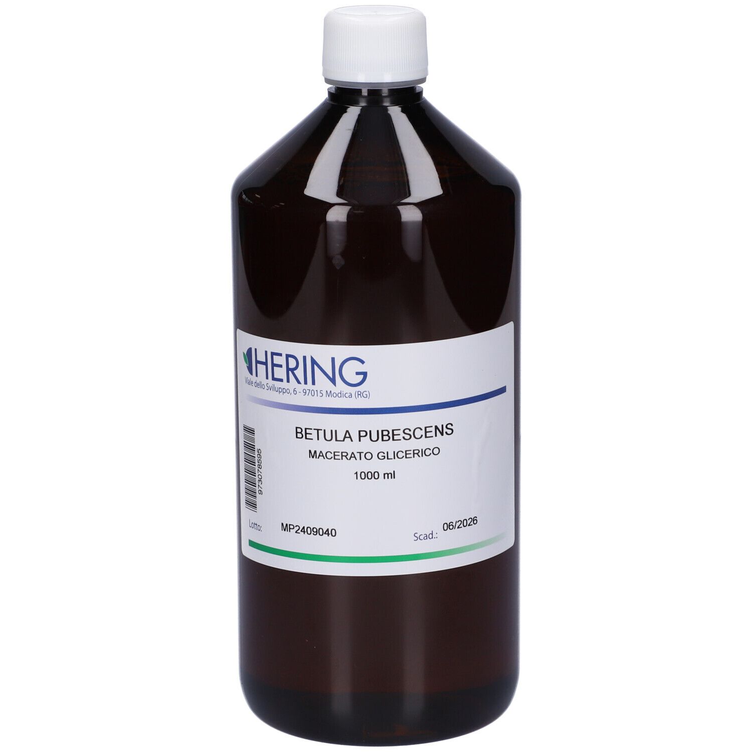 Flacone marrone con tappo bianco ed etichetta. L'etichetta indica HERING, Betula Pubescens Macerato Glicerico e 1000 ml.