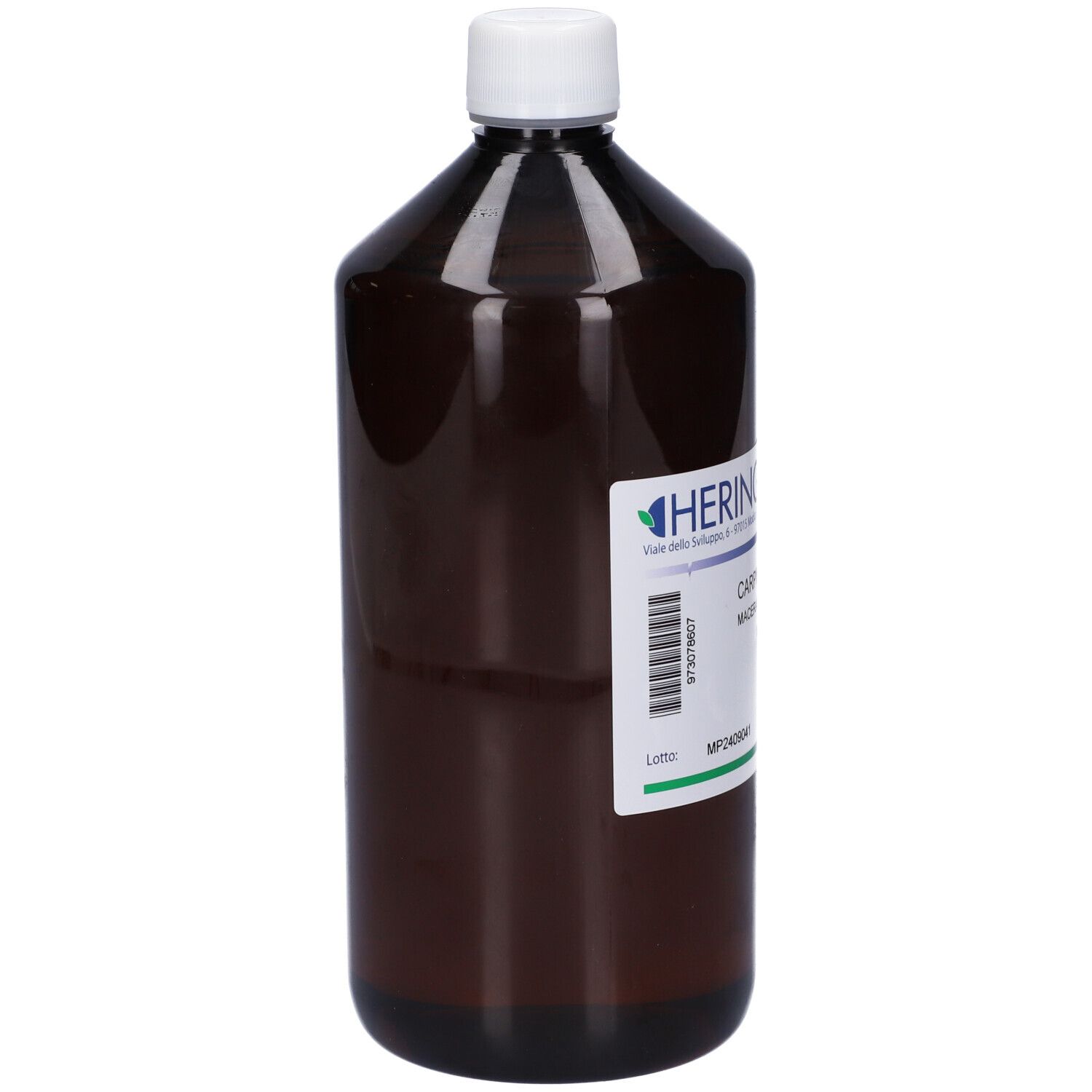Flacone marrone con tappo bianco. Etichetta con testo. Marchio HERING visibile. Nome prodotto illeggibile.