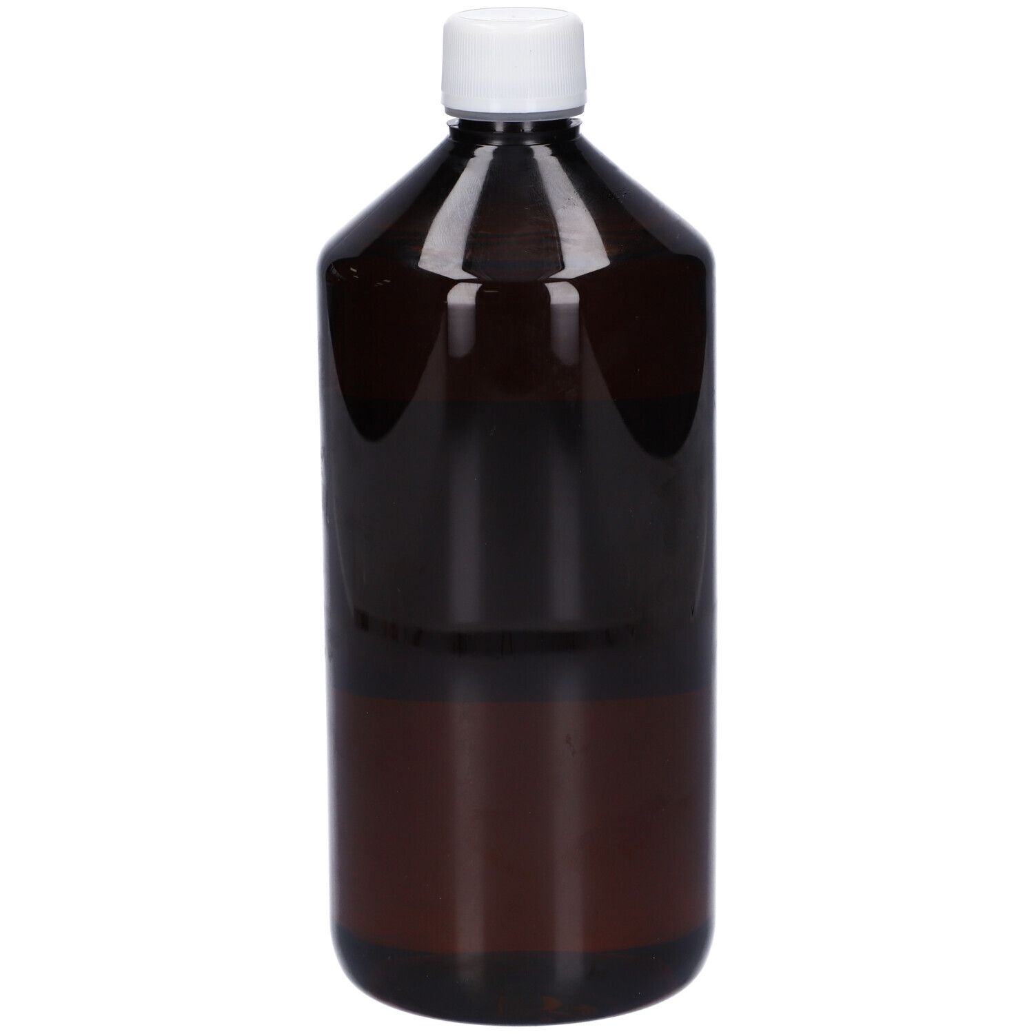 Flacone marrone con tappo bianco. Nessuna scritta visibile.