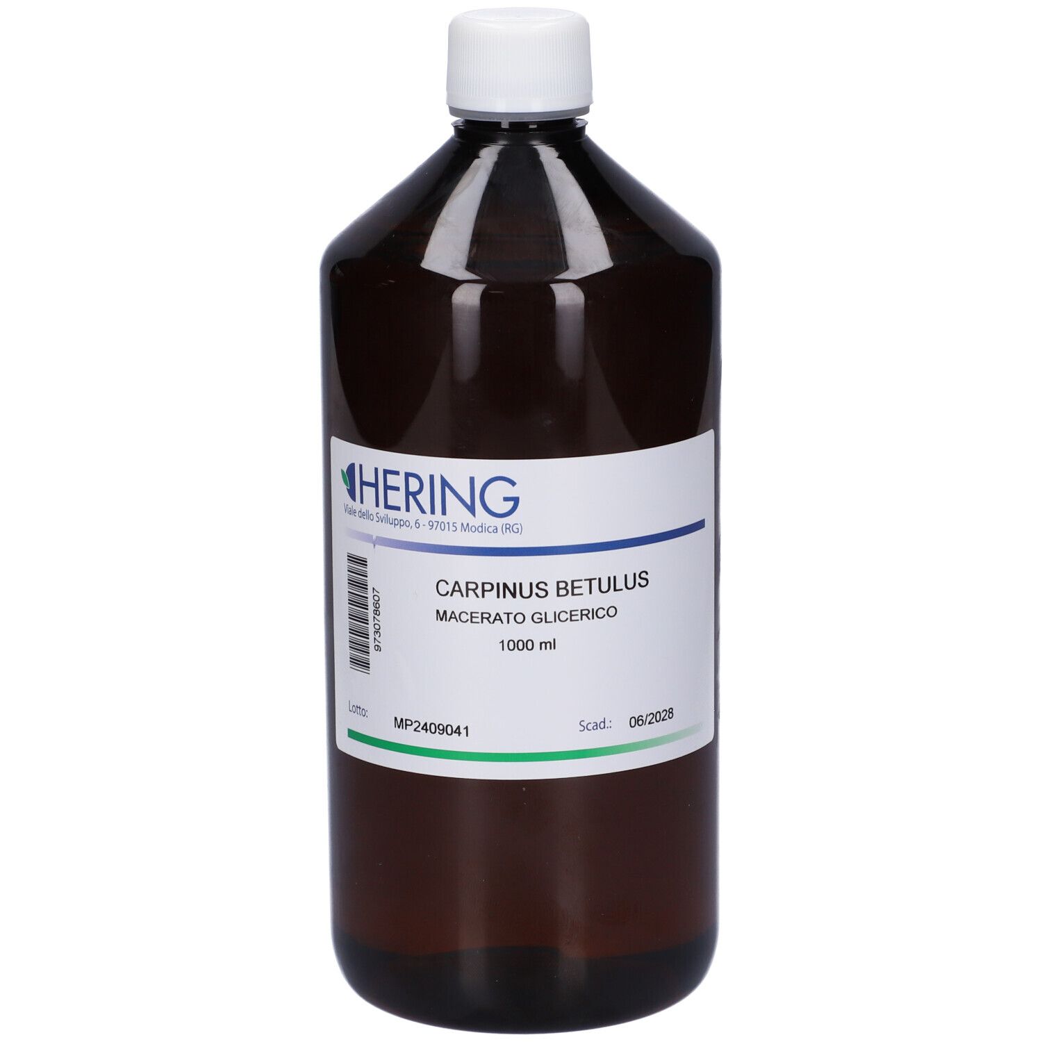 Flacone marrone con tappo bianco ed etichetta. Scritta: HERING, Carpinus Betulus Macerato Glicerico, 1000 ml.