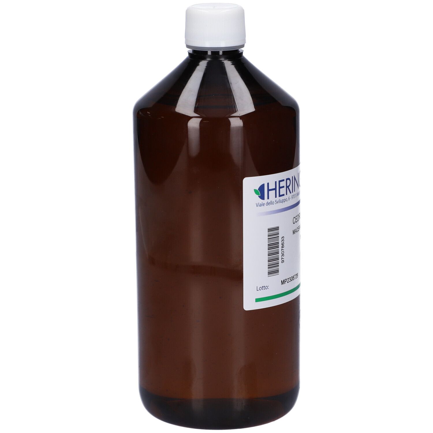 Flacone in vetro ambrato con tappo bianco ed etichetta. Contiene 1000 ml.
