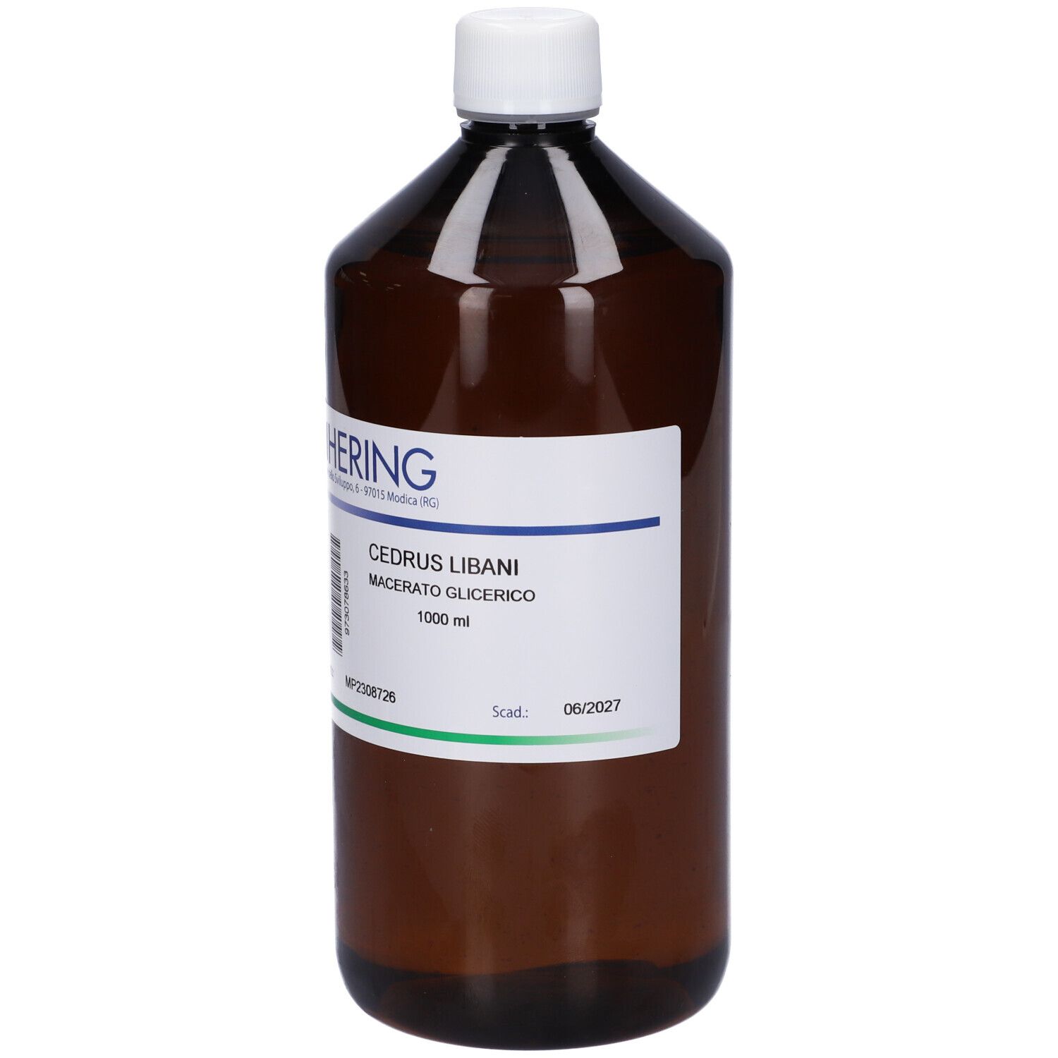 Flacone in vetro ambrato con tappo bianco ed etichetta. Contiene 1000 ml.