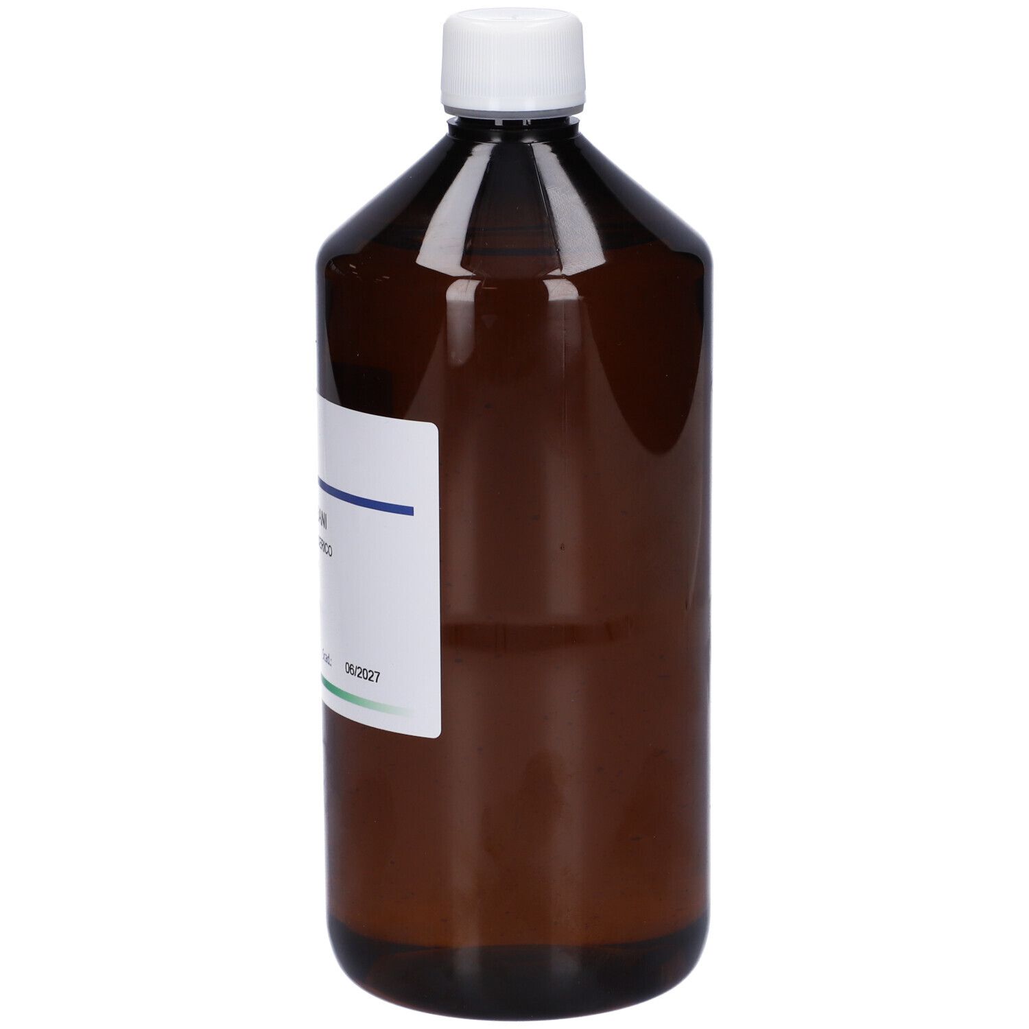 Flacone in vetro ambrato con tappo bianco ed etichetta. Contiene 1000 ml.
