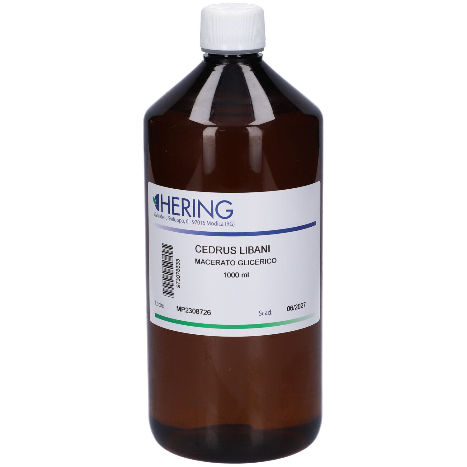 Flacone in vetro ambrato con tappo bianco ed etichetta. Contiene 1000 ml.