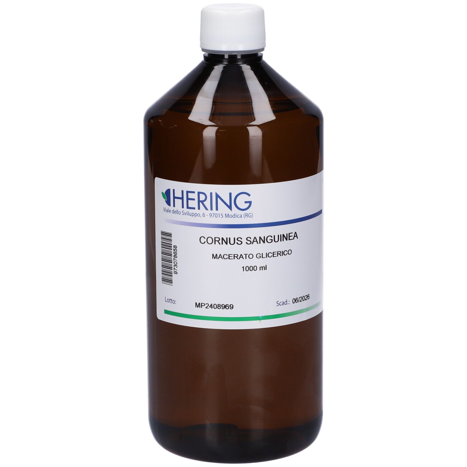 Bottiglia di vetro marrone con tappo bianco ed etichetta. L'etichetta riporta "HERING Cornus Sanguinea Macerato Glicerico".