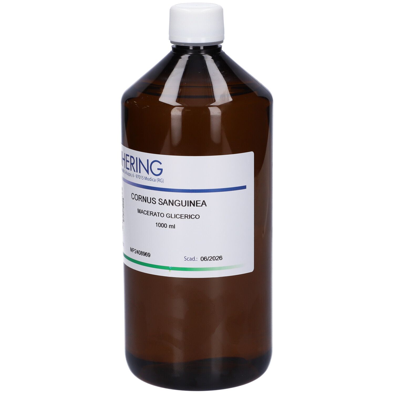 Bottiglia di vetro marrone con tappo bianco ed etichetta. L'etichetta riporta "HERING Cornus Sanguinea Macerato Glicerico".