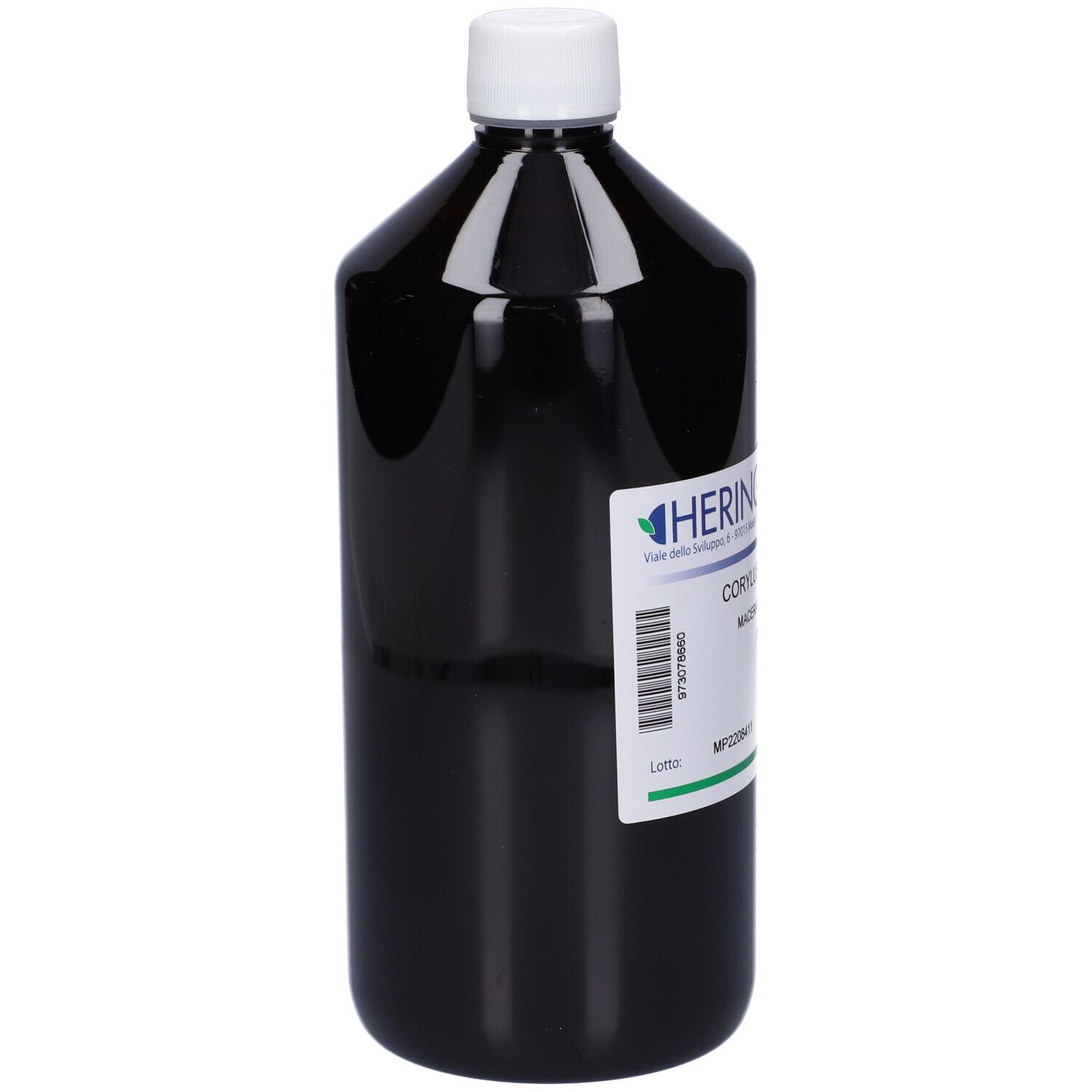 Flacone scuro con tappo bianco. Etichetta con testo: HERING, Corylus Avellana Macerato Glicerico. Flacone in posizione verticale.