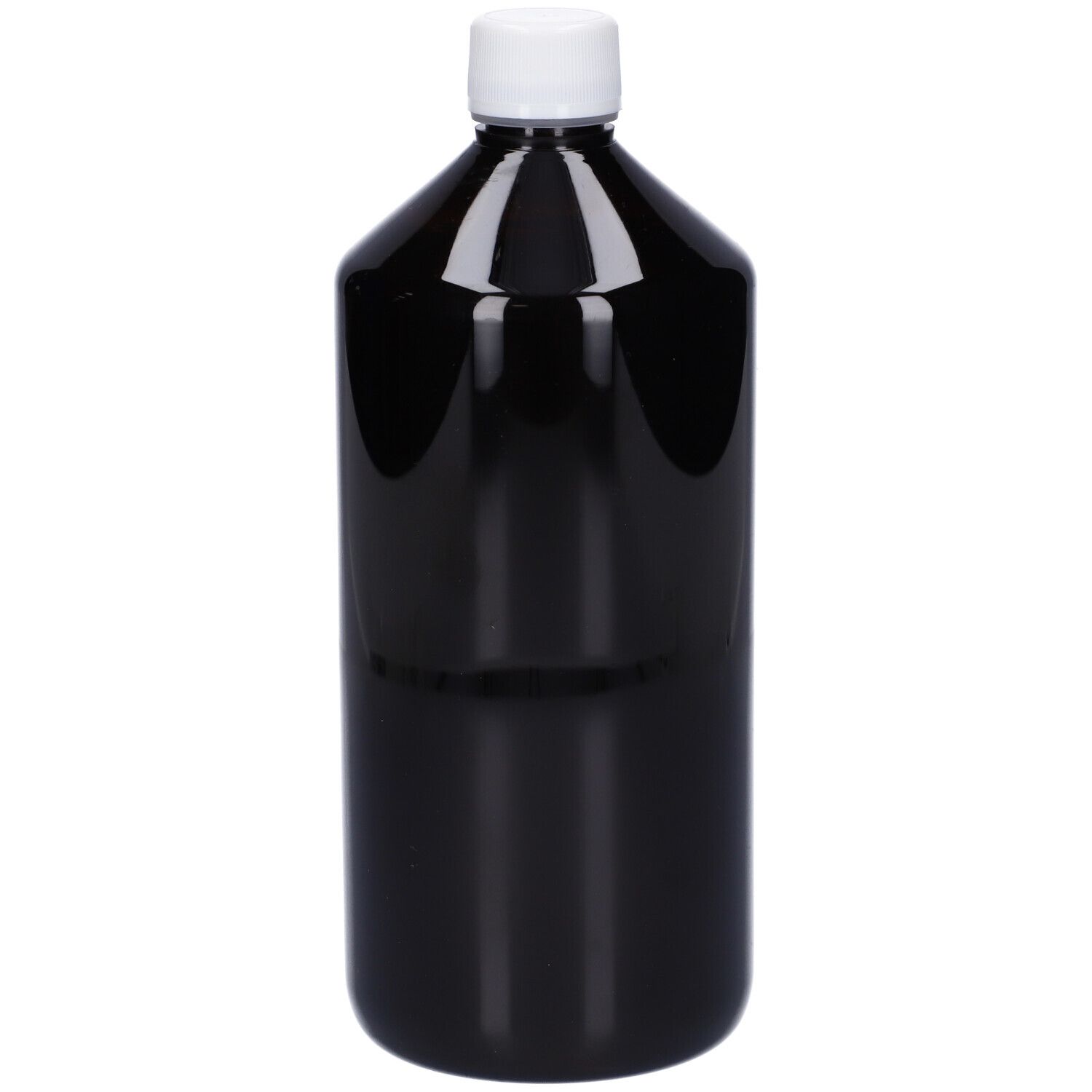 Flacone scuro con tappo bianco. Nessuna altra scritta visibile. Flacone in posizione verticale.