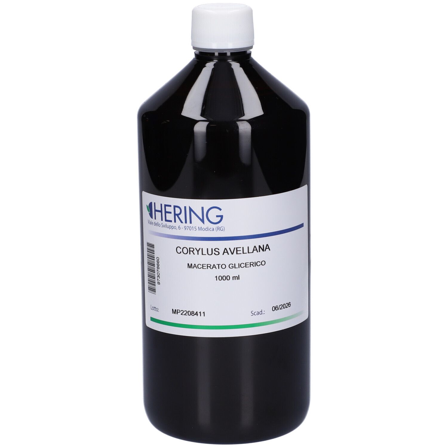 Flacone scuro con tappo bianco ed etichetta. Scritta: HERING, Corylus Avellana Macerato Glicerico, 1000 ml.