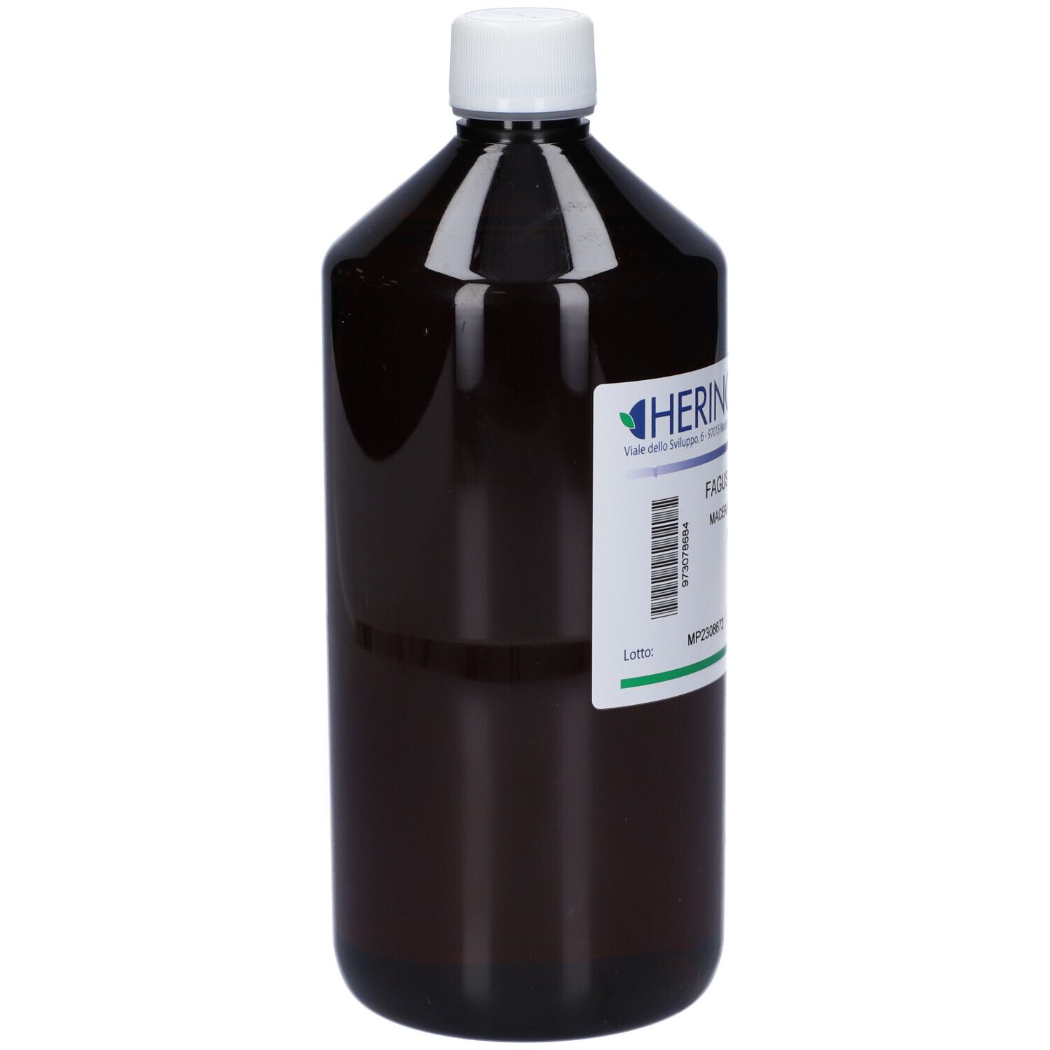 Flacone marrone con tappo bianco. Etichetta con nome del prodotto e marchio HERING. Scritta: Fagus Sylvatica Macerato Glicerico.