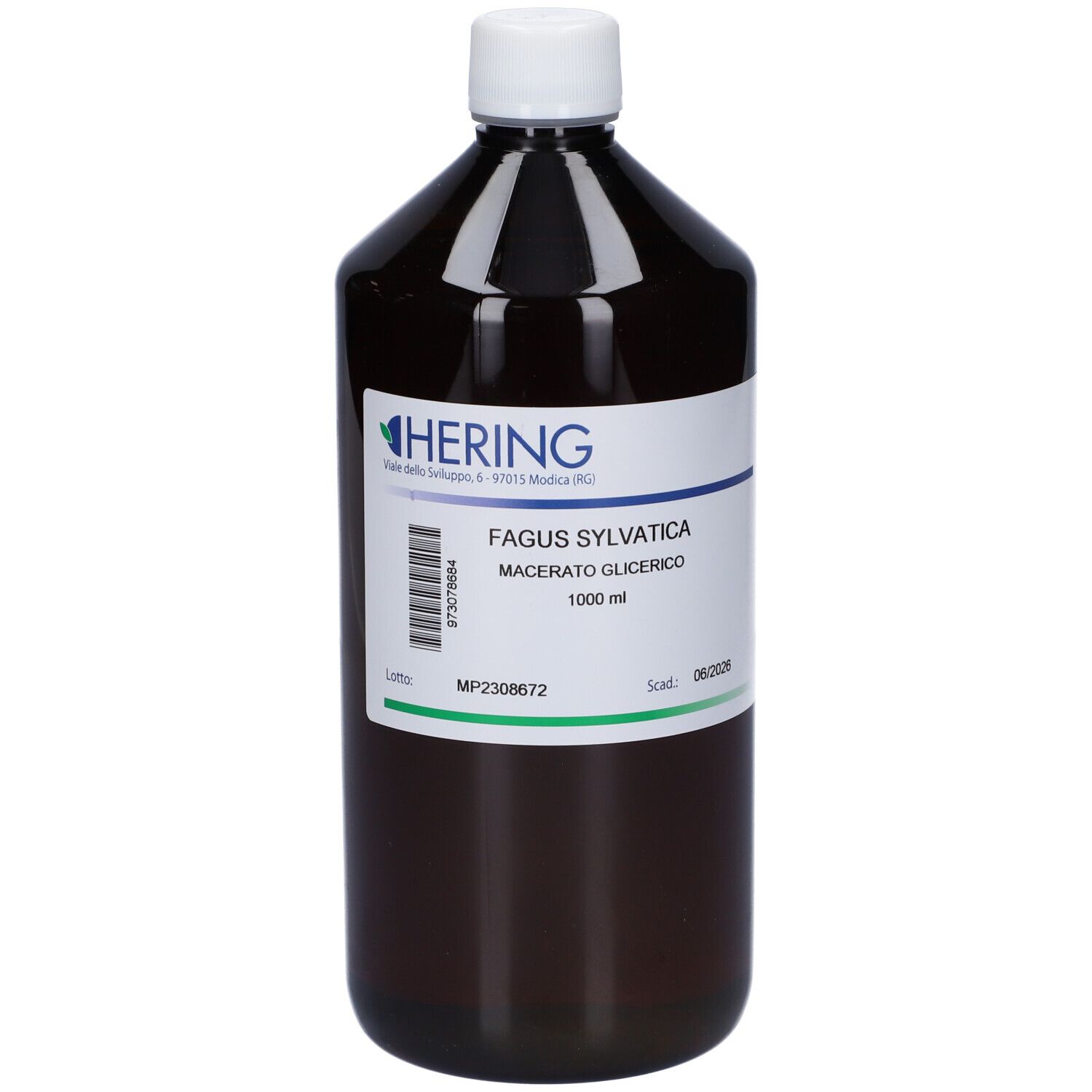 Flacone marrone con tappo bianco ed etichetta. Scritta: Fagus Sylvatica Macerato Glicerico. Marchio: HERING.