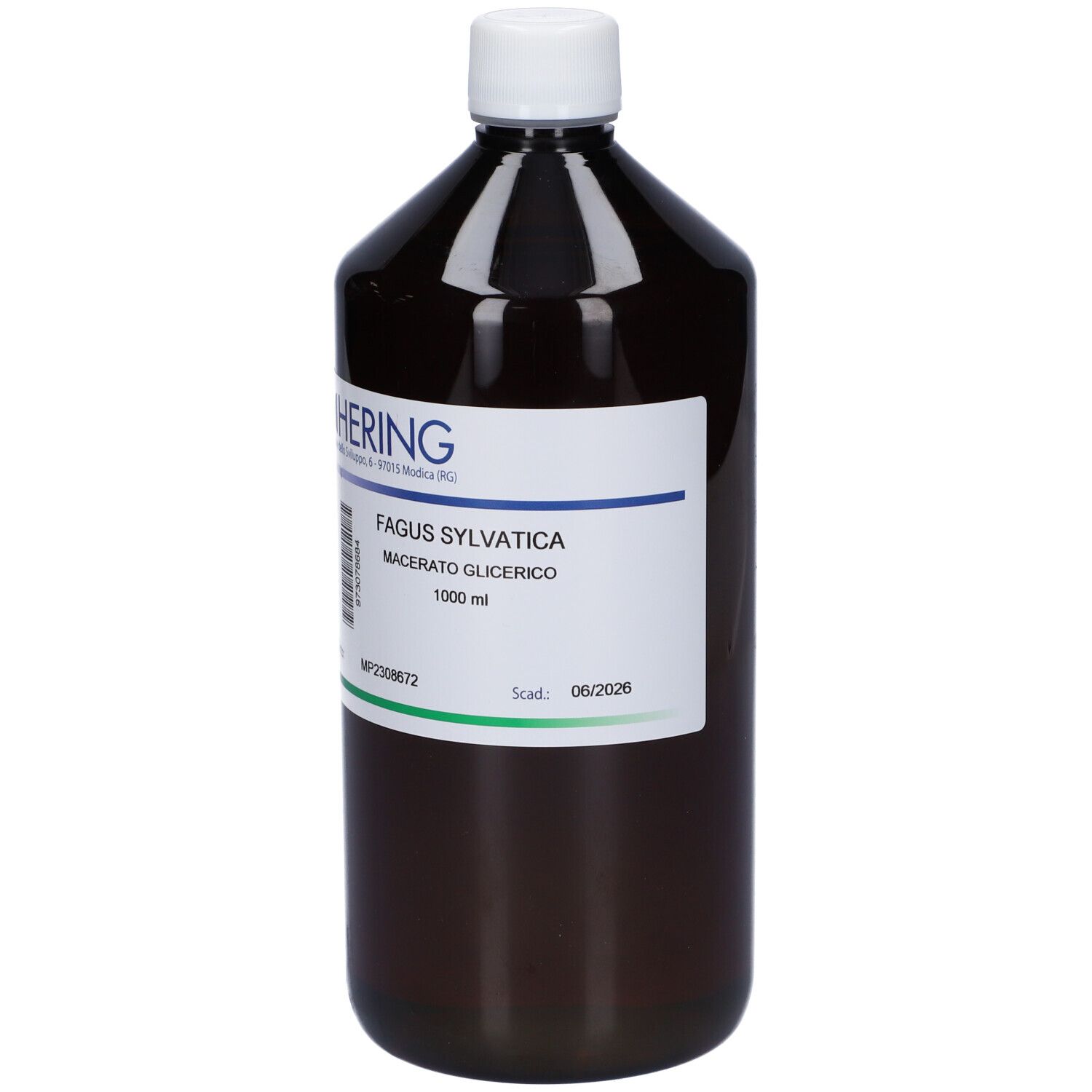 Flacone marrone con tappo bianco ed etichetta. Scritta: Fagus Sylvatica Macerato Glicerico. Marchio: HERING.