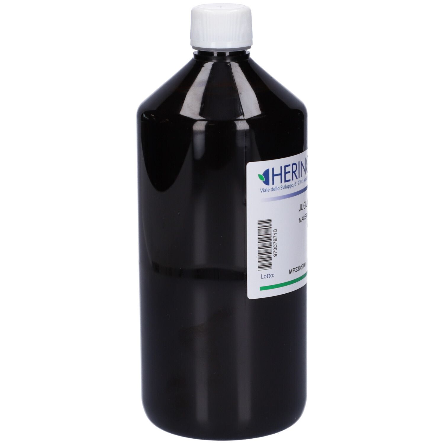 Flacone scuro con tappo bianco. Etichetta con informazioni sul prodotto. Marchio HERING.