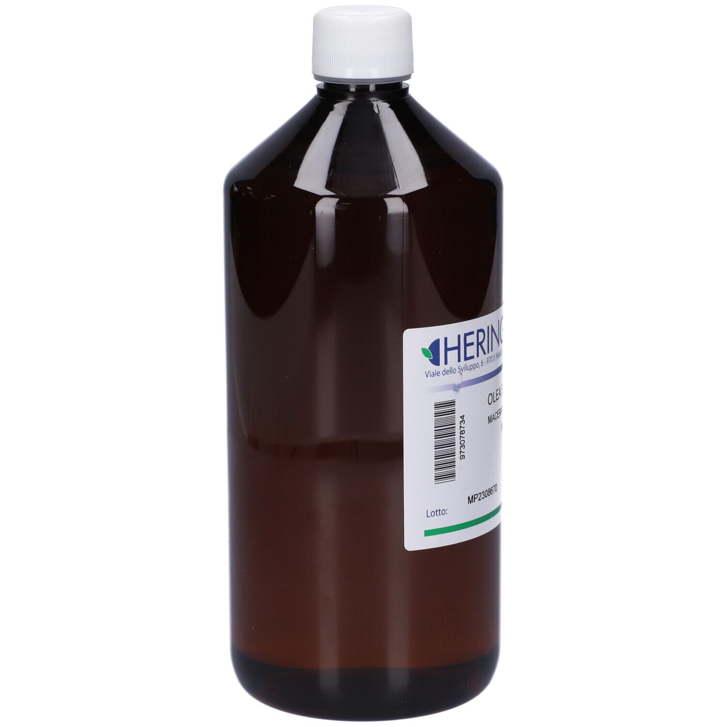Bottiglia marrone con tappo bianco. Etichetta con testo: HERING, Olea Europaea Macerato Glicerico.