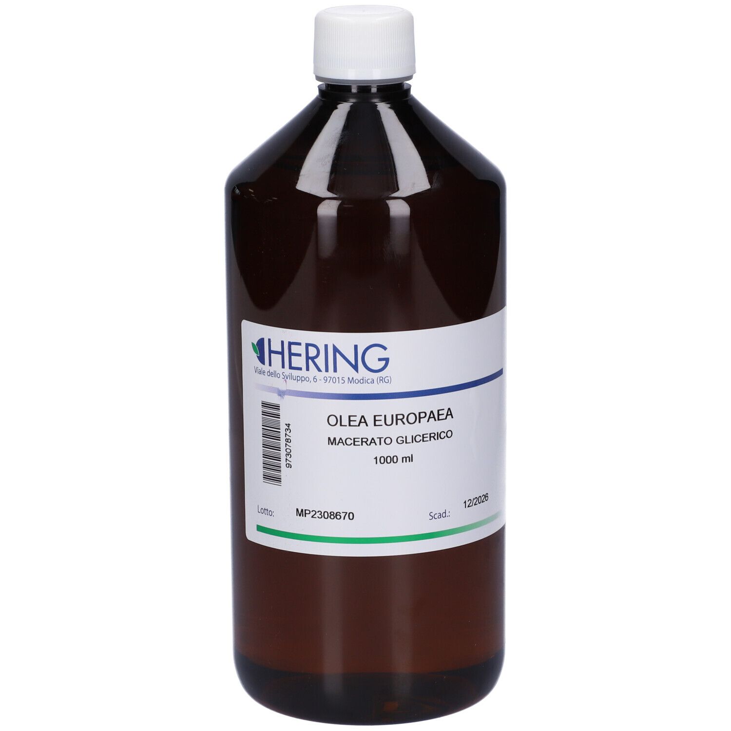 Bottiglia marrone con tappo bianco. Etichetta con testo: HERING, Olea Europaea Macerato Glicerico, 1000 ml.