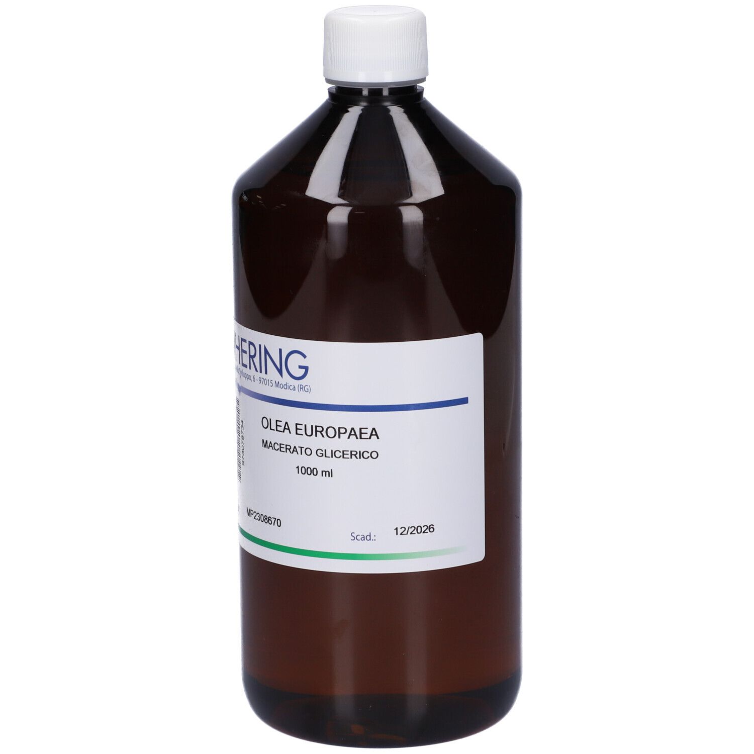 Bottiglia marrone con tappo bianco. Etichetta con testo: HERING, Olea Europaea Macerato Glicerico, 1000 ml, 12/2026.