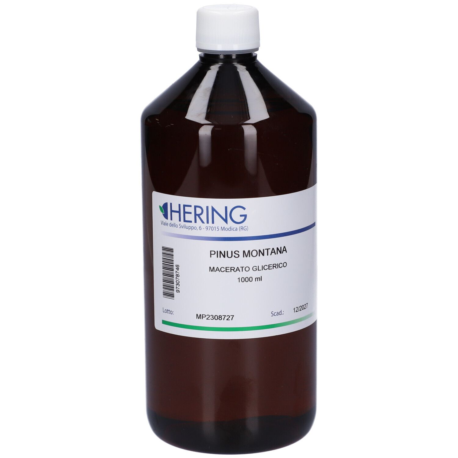 Flacone marrone con tappo bianco. Etichetta con nome prodotto e marchio HERING. 1000 ml.