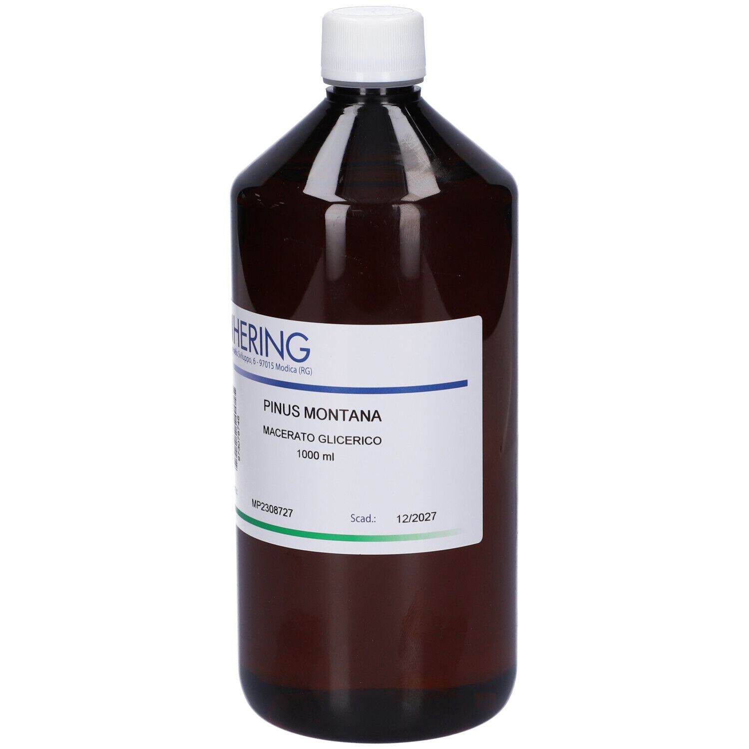 Flacone marrone con tappo bianco. Etichetta con nome prodotto e marchio HERING. 1000 ml.