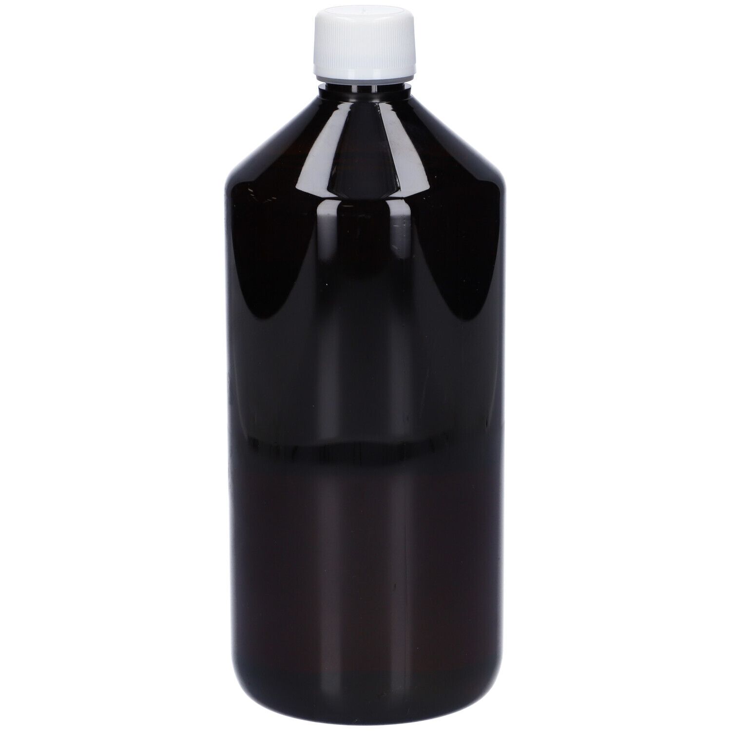 Flacone marrone con tappo bianco. Nessuna etichetta visibile.