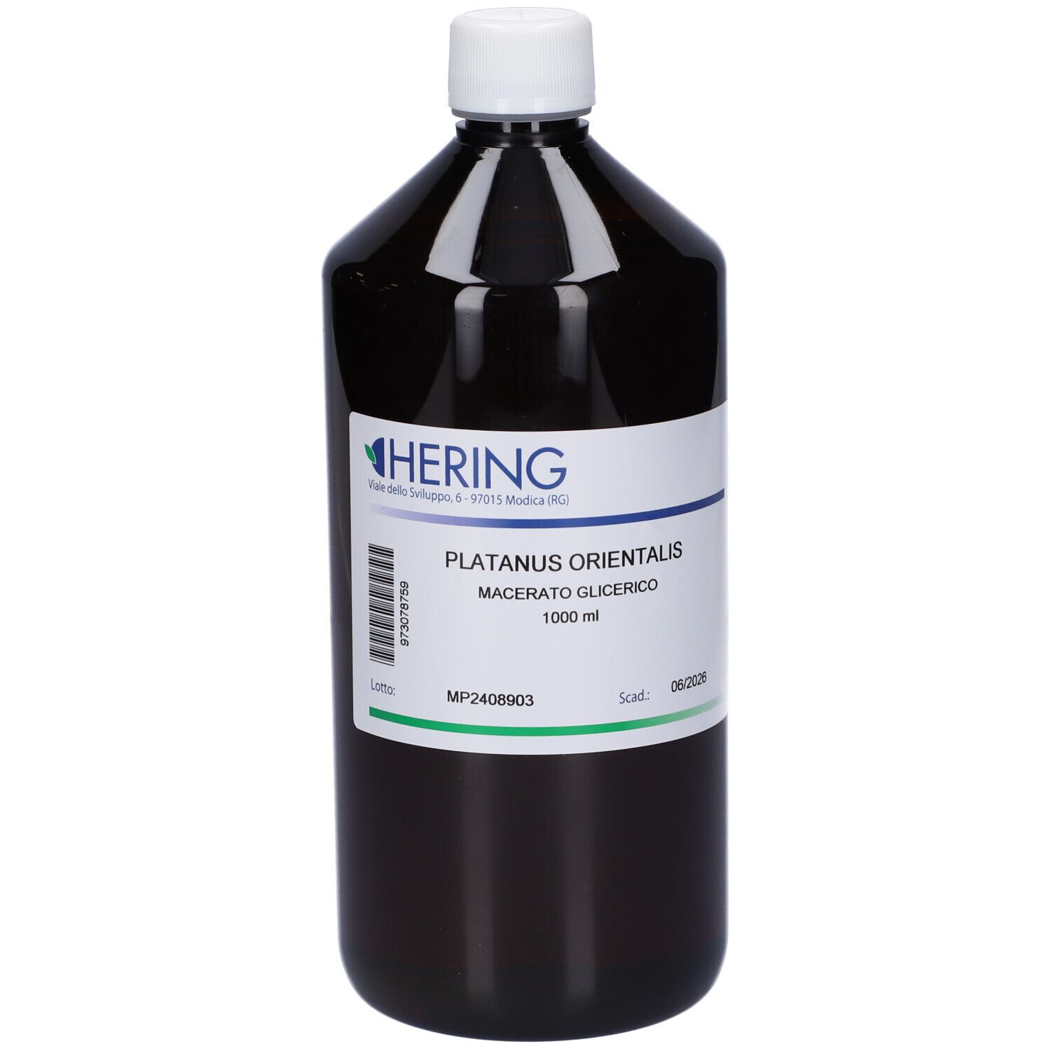 Flacone marrone con tappo bianco. Etichetta con nome del prodotto e marchio HERING. 1000 ml.