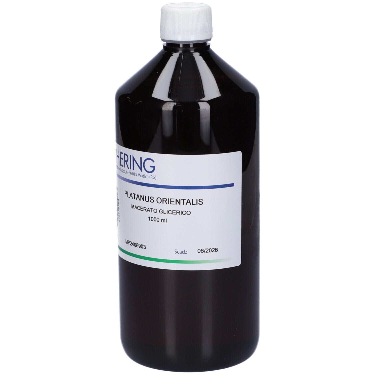 Flacone marrone con tappo bianco. Etichetta con nome del prodotto e marchio HERING. 1000 ml.