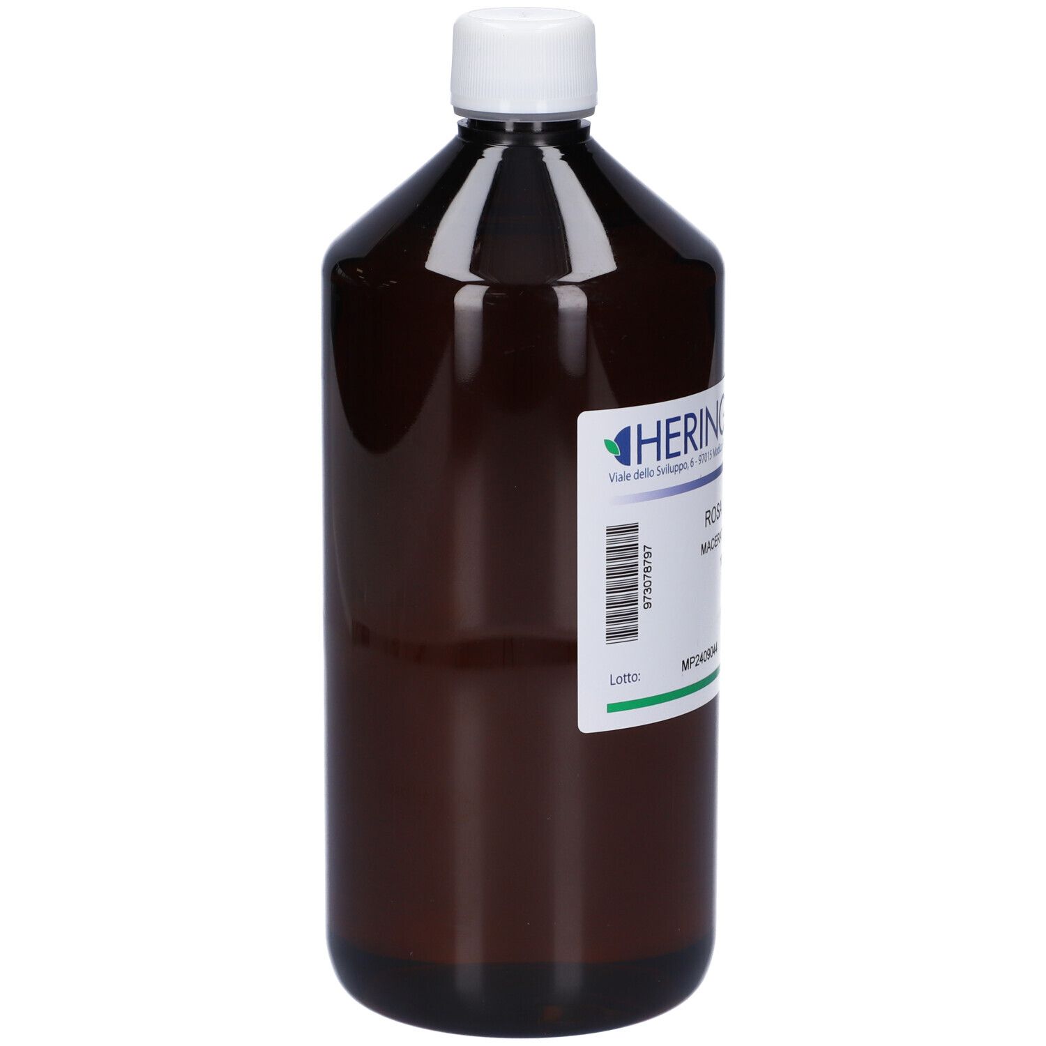 Bottiglia marrone con tappo bianco. Etichetta con informazioni sul prodotto. Logo HERING visibile.